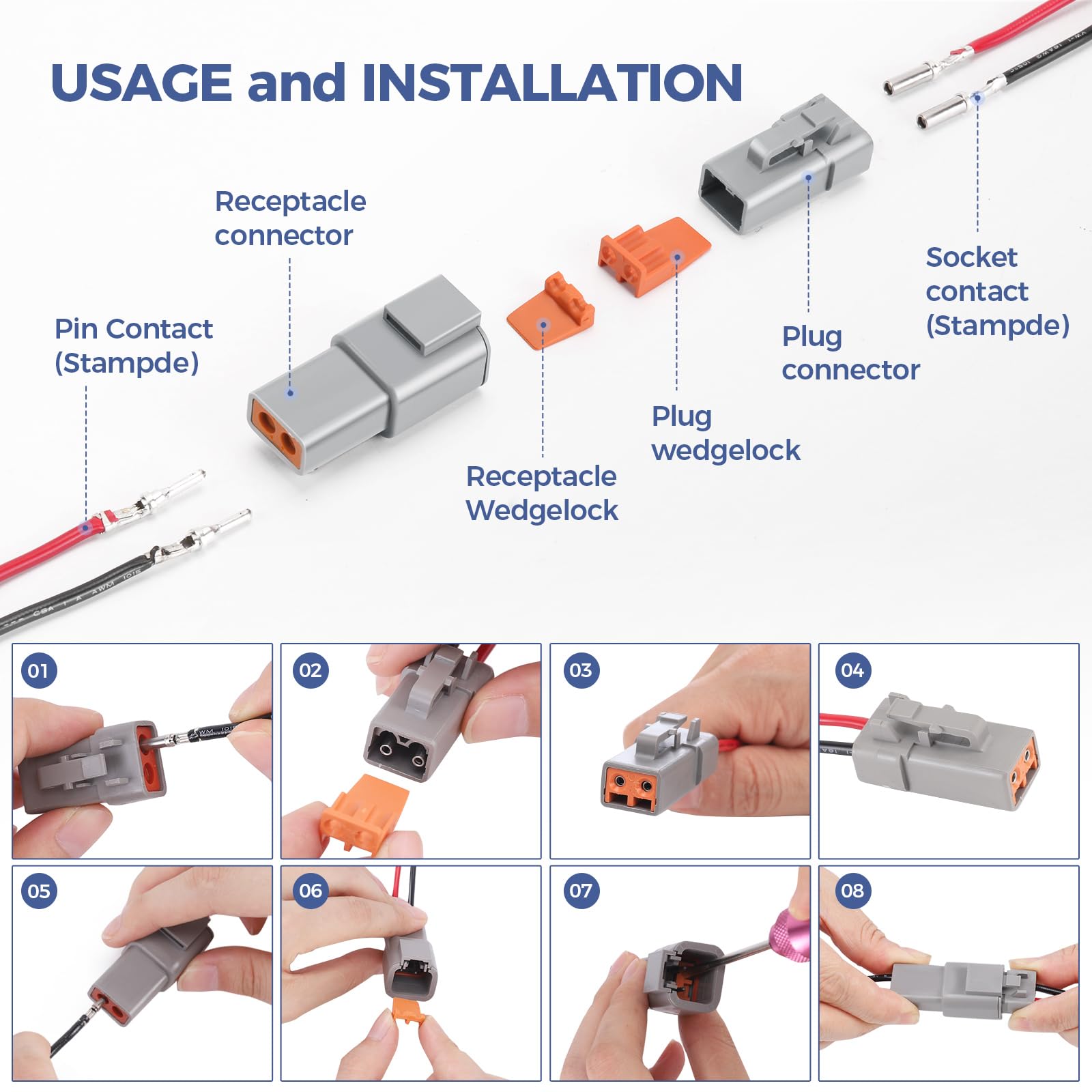 32 PCS Deutsch DTP Connector Kit 2 Pin Automotive Waterproof Connectors 4 sets with Size 12 Stamped Contacts Gauge 14-12 AWG Wir