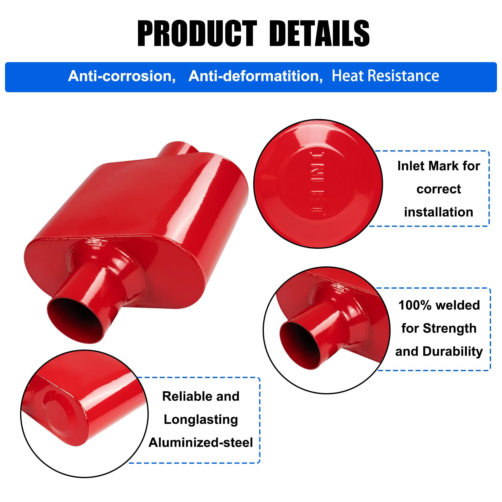 Floshine Universal Mufflers,Performance Automotive Exhaust Muffler,Single Chamber 2.5 Inch Inlet (Id) 2.5 Inch Outlet (Id) Red F