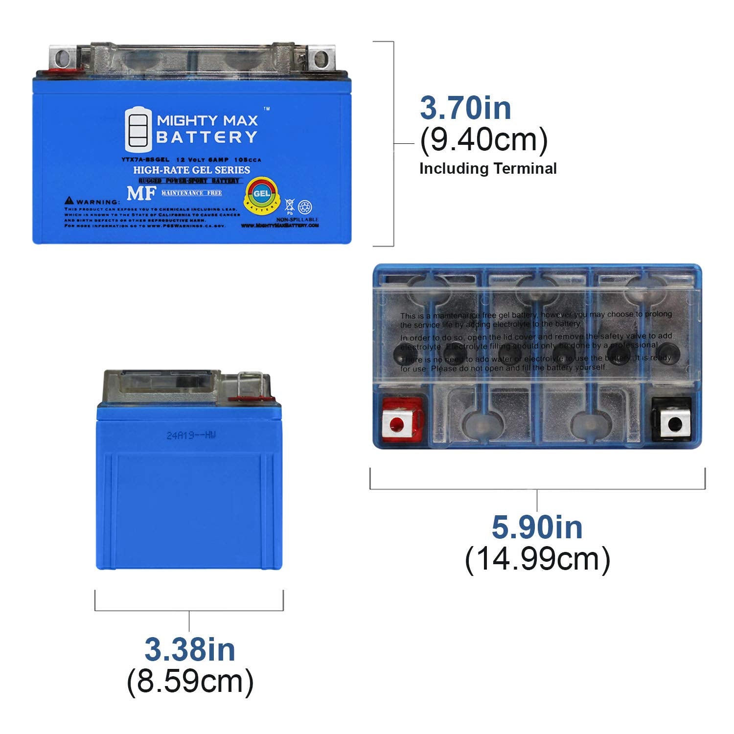 Mighty Max Battery YTX7A-BS GEL 12V 6AH Rechargeable Motorcycle Battery - 105 CCA, Standard Size, Blue