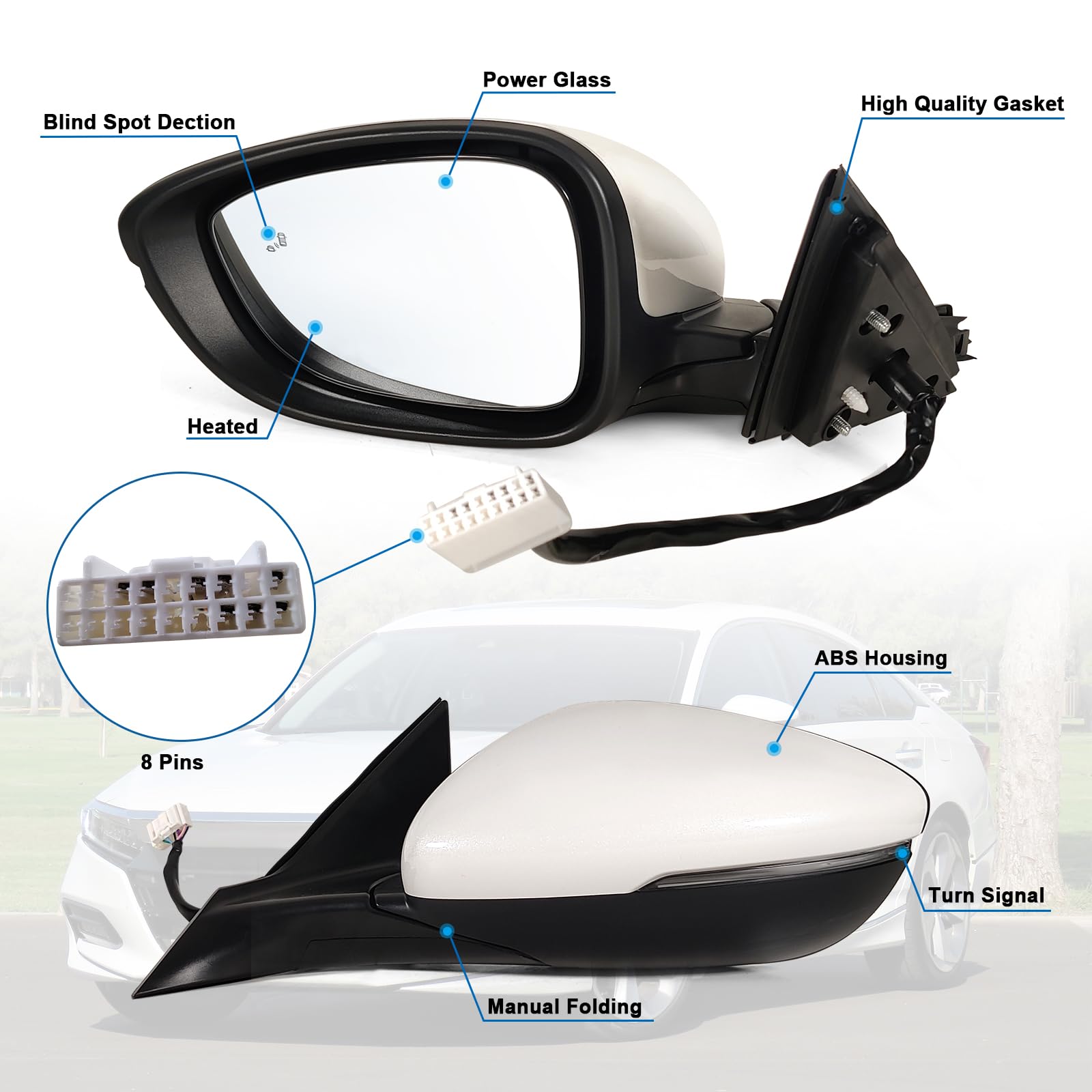 Lqito Left Driver Side Mirror for 2018-2022 Honda Accord, Power Glass, Heated, Blind Spot Detection, Turn Signal, Platinum White Pearl, 8Pins