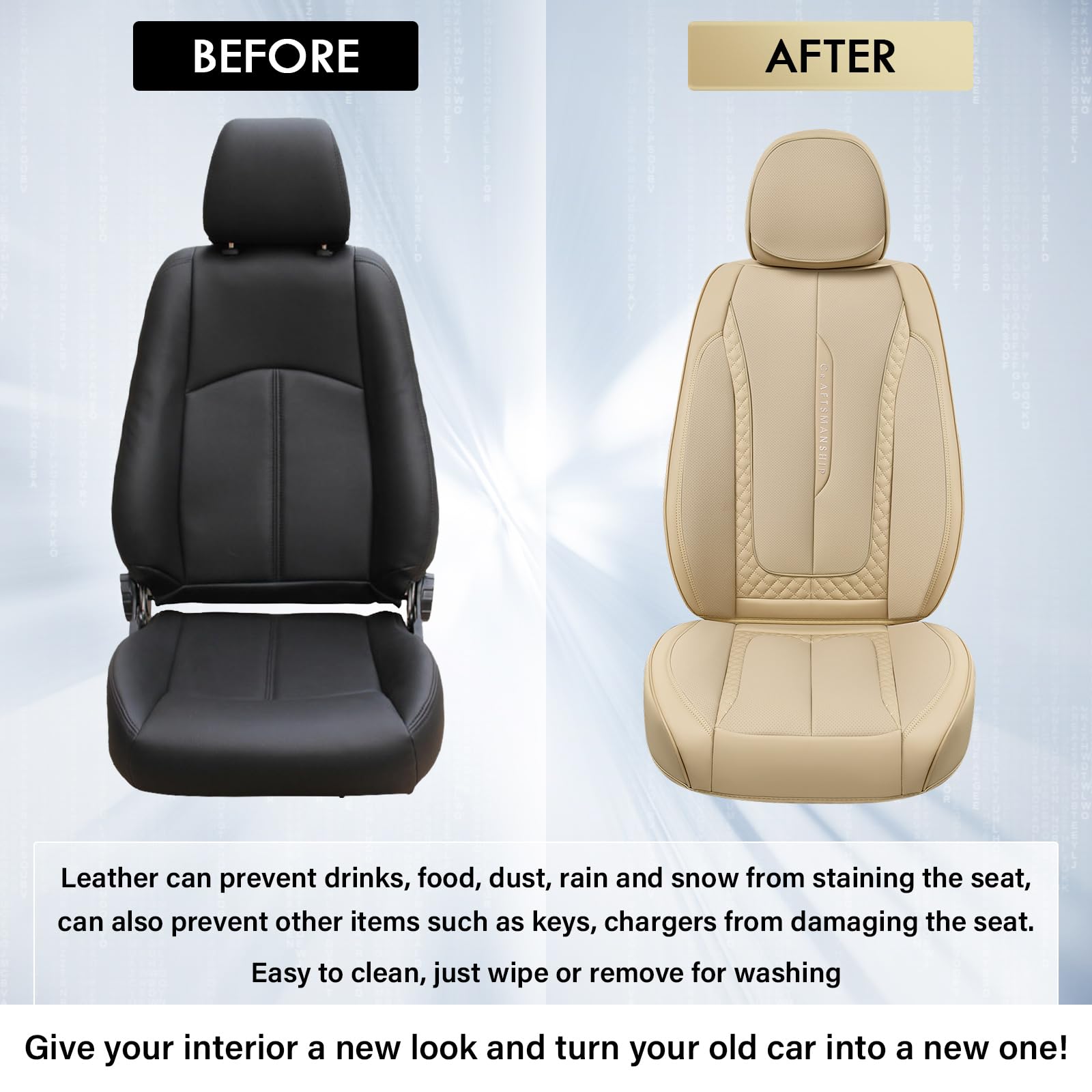 Coverado Car Seat Cover Full Set, Beige Seat Covers Front Seats Back Seat Covers, Nappa Leather Waterproof, Car Seat Cushion, Ca