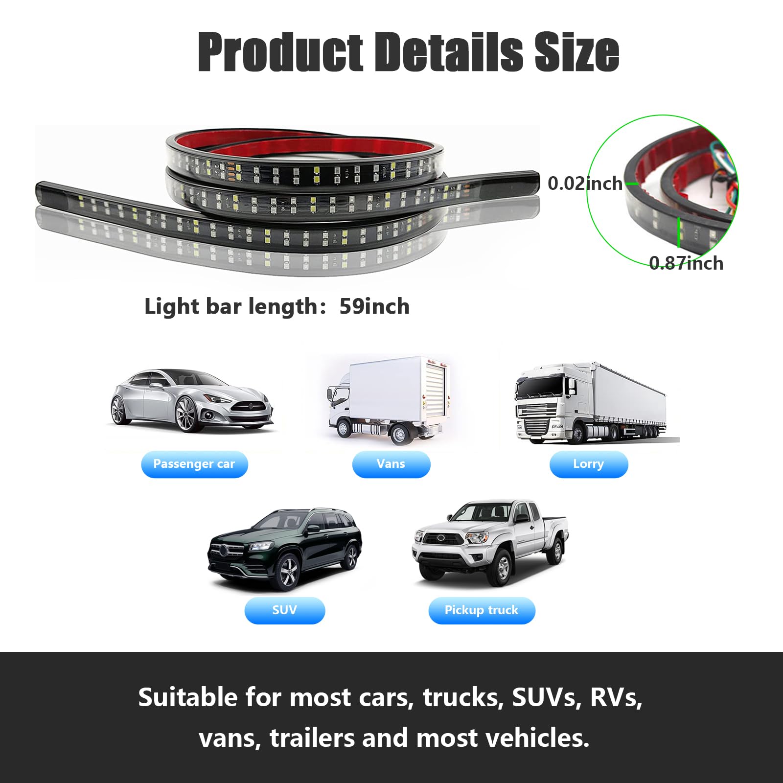 Kewucn Tailgate Light Bar 59'' Led, Ip65 Double Row Led Strip With Red Running Brake White Reverse Red Turning Signals Lights, U