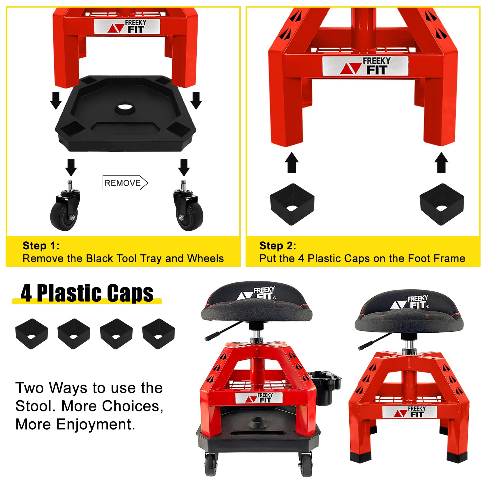 FreekyFit Rolling Shop Stool DO02-R, Adjustable Height, 360° Swivel, Red, 330 LBS Capacity, Tool Tray, Steel Mechanic Seat