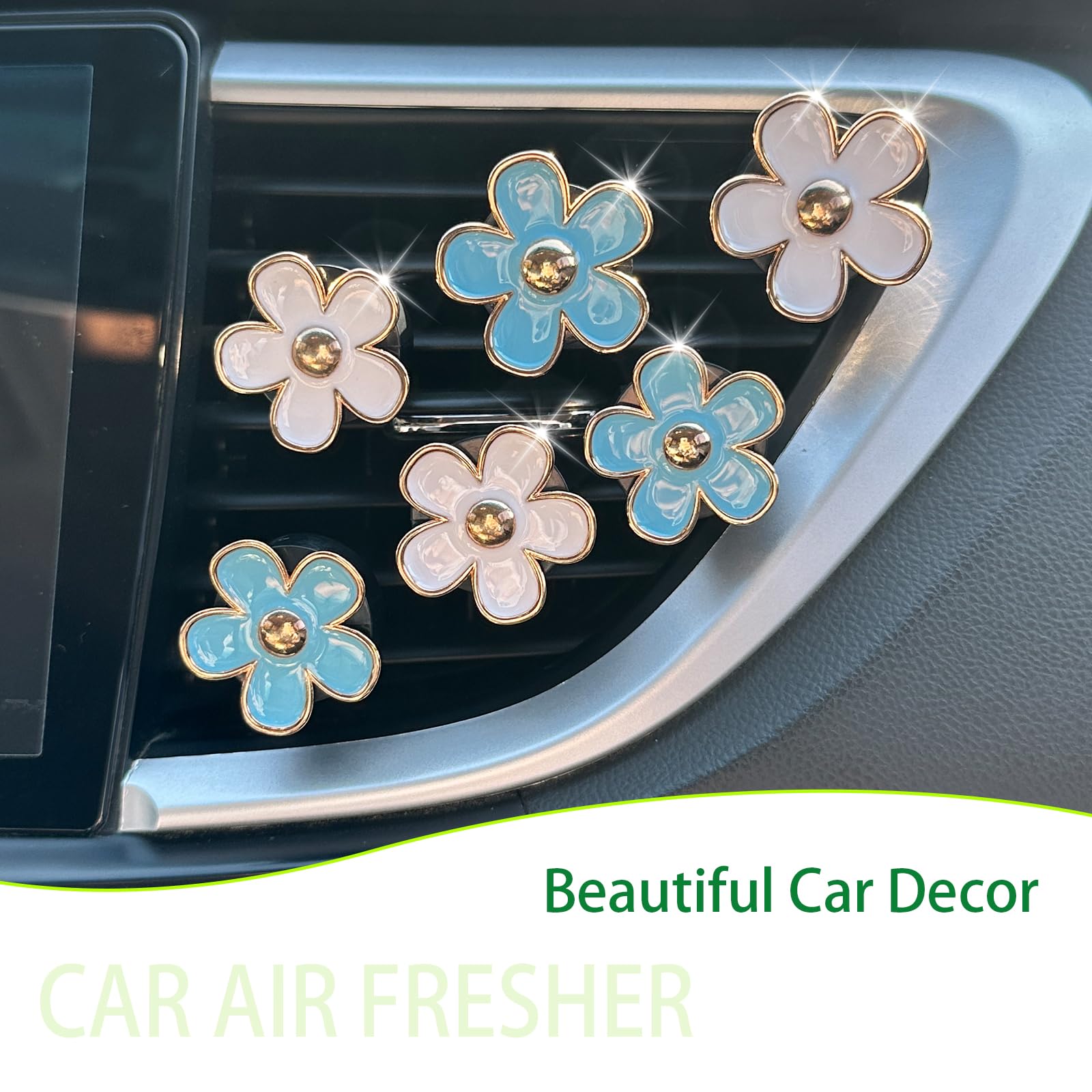 ORIESSE 6pcs Car Air Freshener Clips - Blue & White Daisy, 3.3cm/3cm, Refillable Vent Decor for Women, Model ORICVABIRD