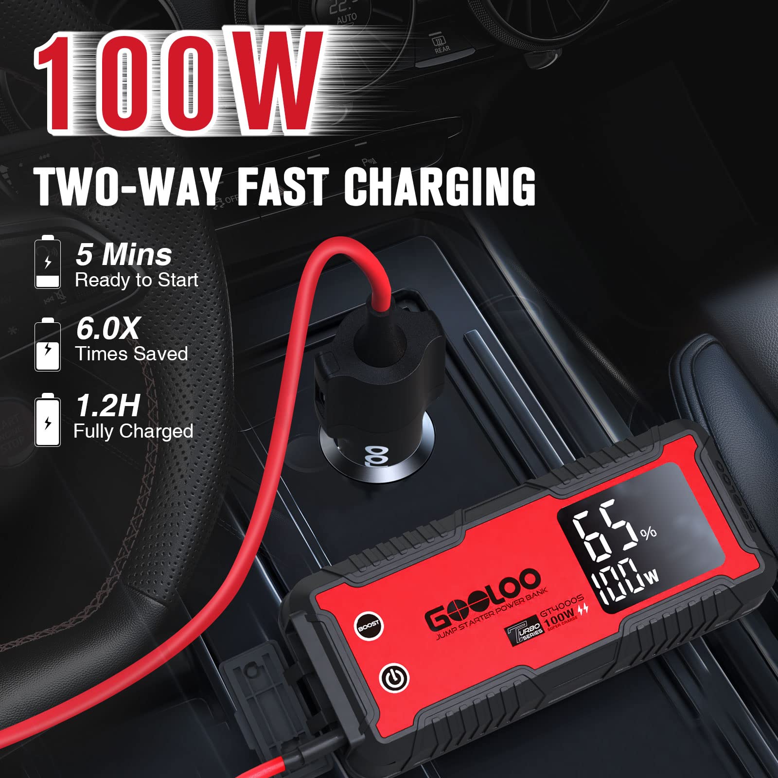 GOOLOO GT4000S Jump Starter - 4000 Amp Car Battery Charger for 10L Diesel & 12L Gas Engines, Red, Portable, Fast-Charging