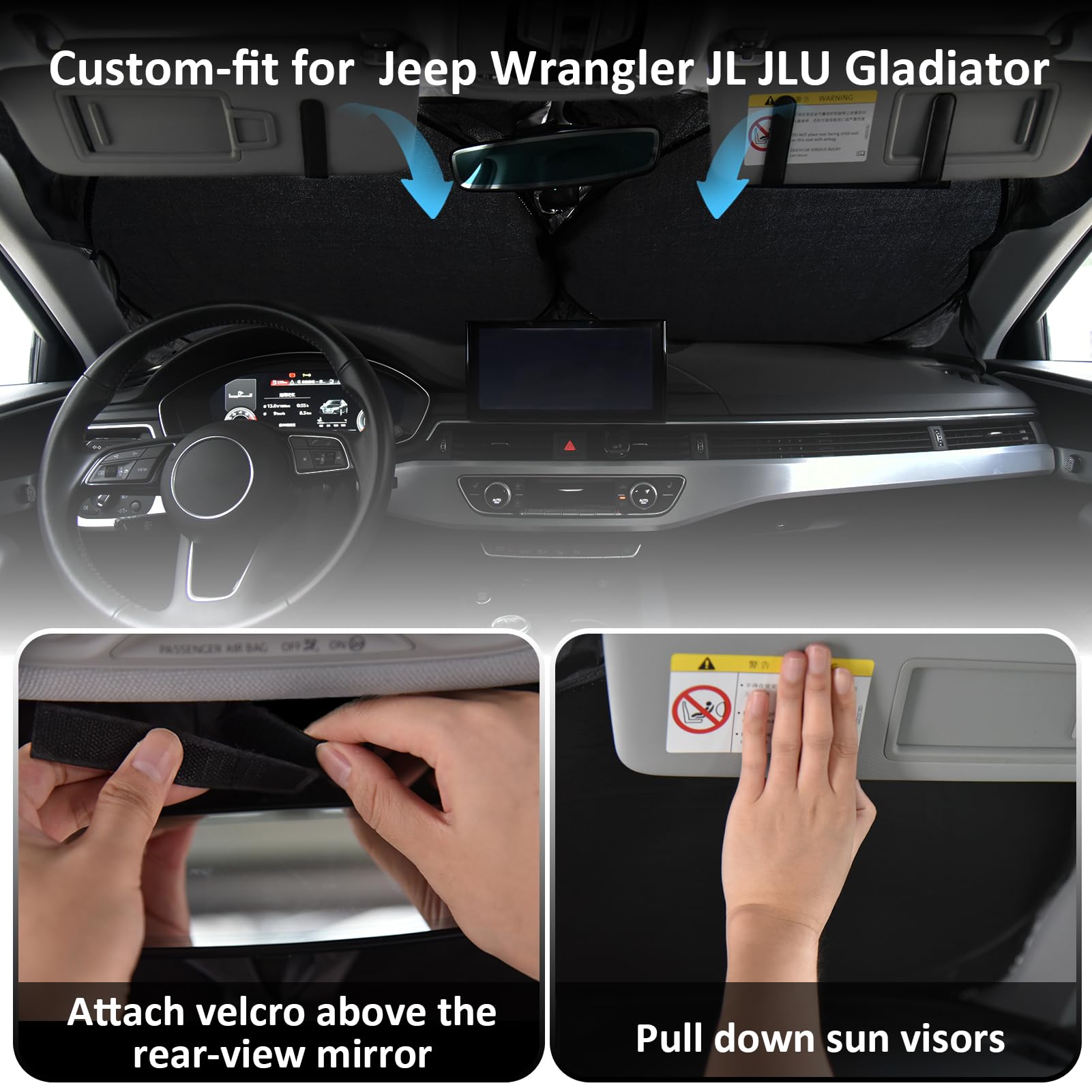 Sunshade For Jeep Wrangler Jk Jku Jl Jlu 2022 2023 2024 Accessories Front Window Shades Cover Protector 210T Reflective Blocks U