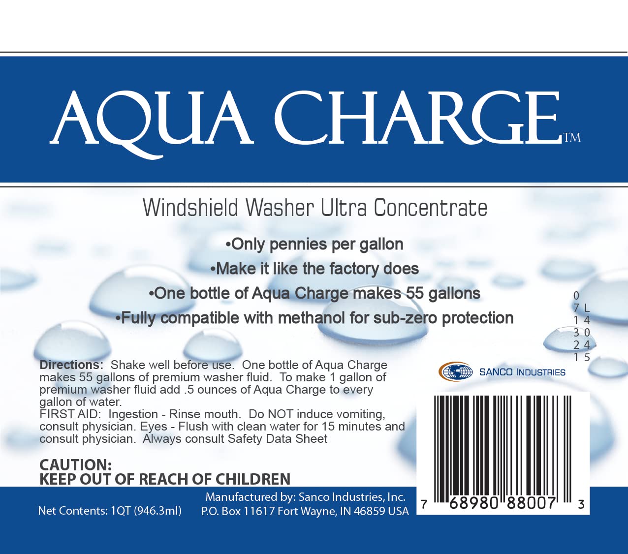 Sanco Industries Aqua Charge Windshield Washer Fluid - Ultra Concentrate, Makes 55 Gallons, 32 Fl Oz