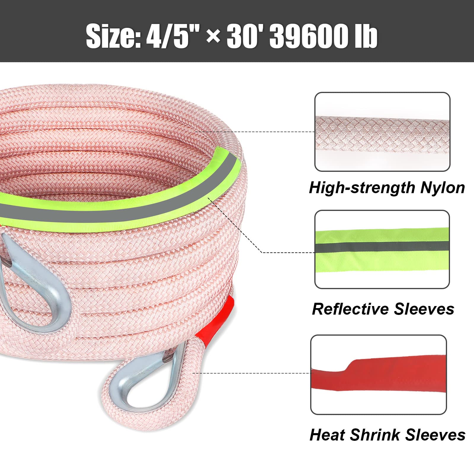 Upgrade Kinetic Recovery Rope, 4/5''  30' 39600Lbs Heavy Duty Tow Rope With Steel Shackles Off Road Recovery Gear,High-Strenth R