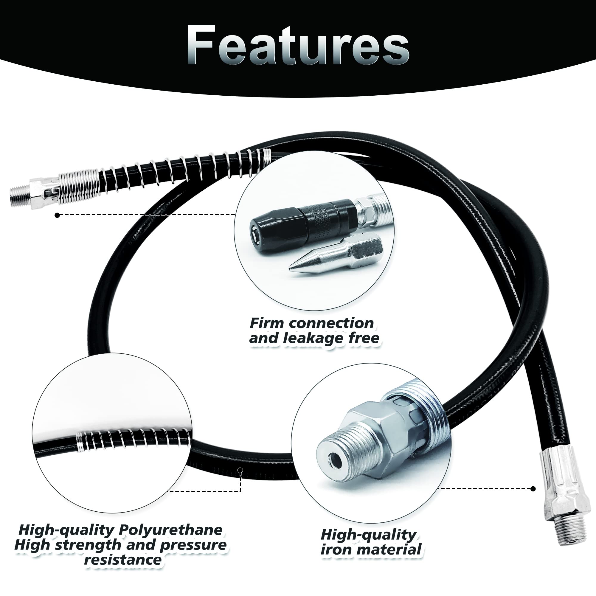 39In 6-Piece Grease Gun Hose Kit, Grease Gun Accessories Set Includes 2Pcs 39'' Flex Grease Hose Extension, 2Pcs 4-Jaw Standard