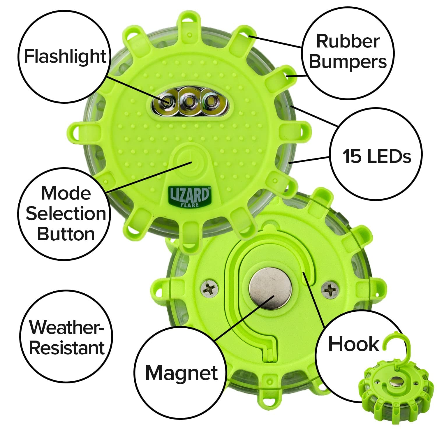 Lizard Flare LED Road Flares - Magnetic Safety Flares with 15 LEDs, 9 Modes, 6 In., Green, Model 16272 - Perfect for Emergency Kits