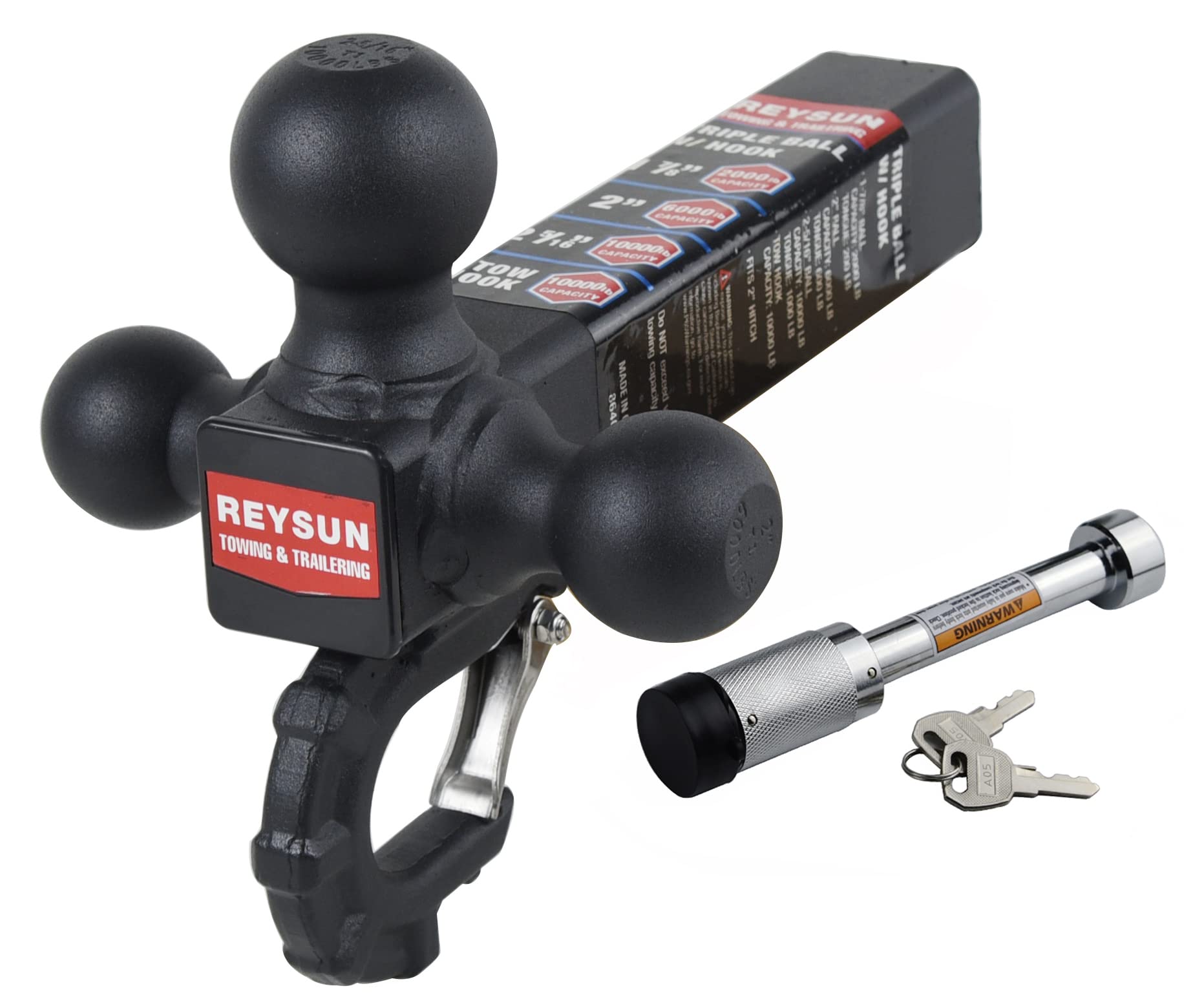 Reysun Trailer Hitch 864011L Tri Ball Mount With Hook, Tactical Tow Hook, Fits 2 Inch Hitch Receiver, Secure With Self-Lock Latc