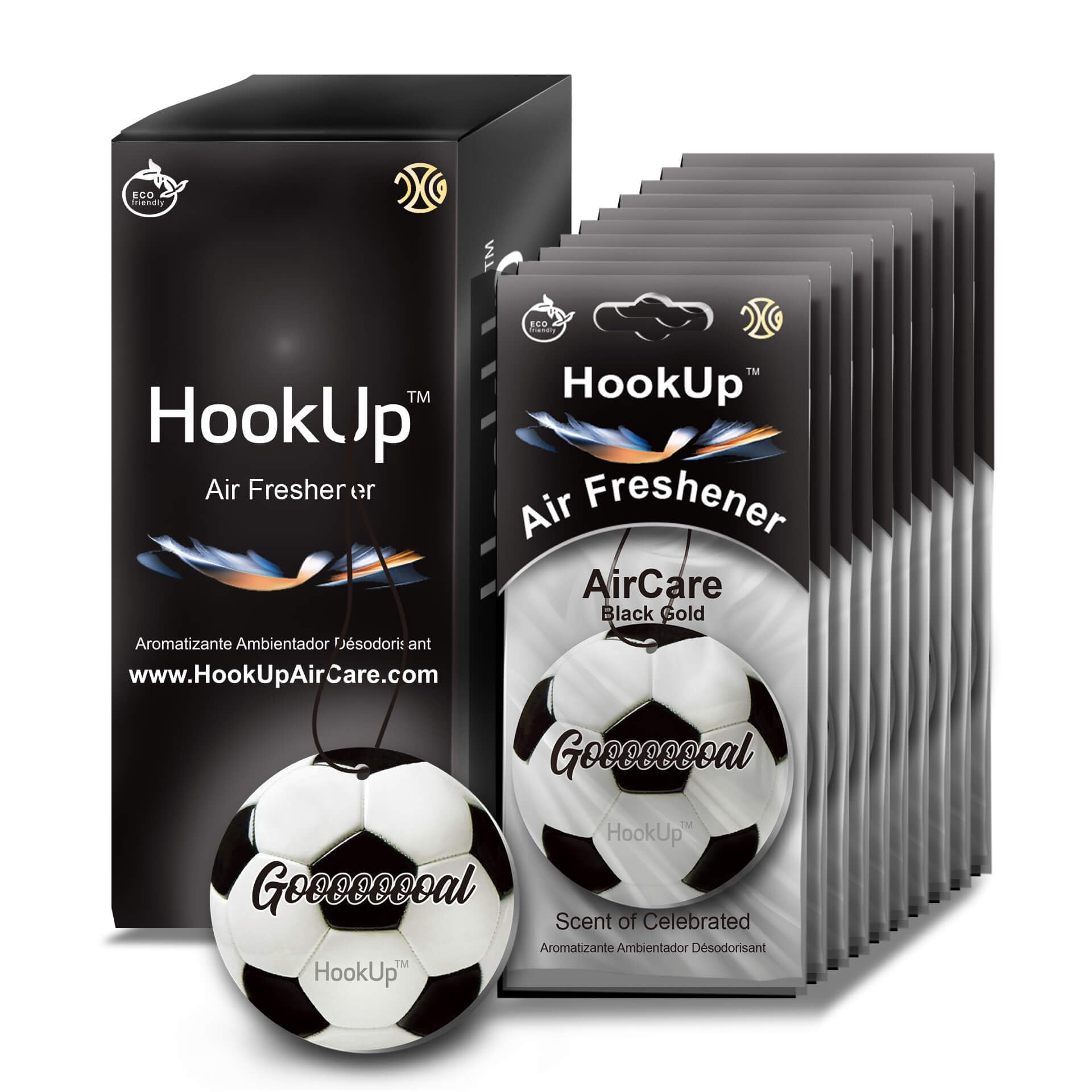 Soccer Car Air Freshener by HookUp - 10 Pack - Black Gold Scent (Extra Strong) | Unique Soccer Gift for Players, Coach, Fans | H