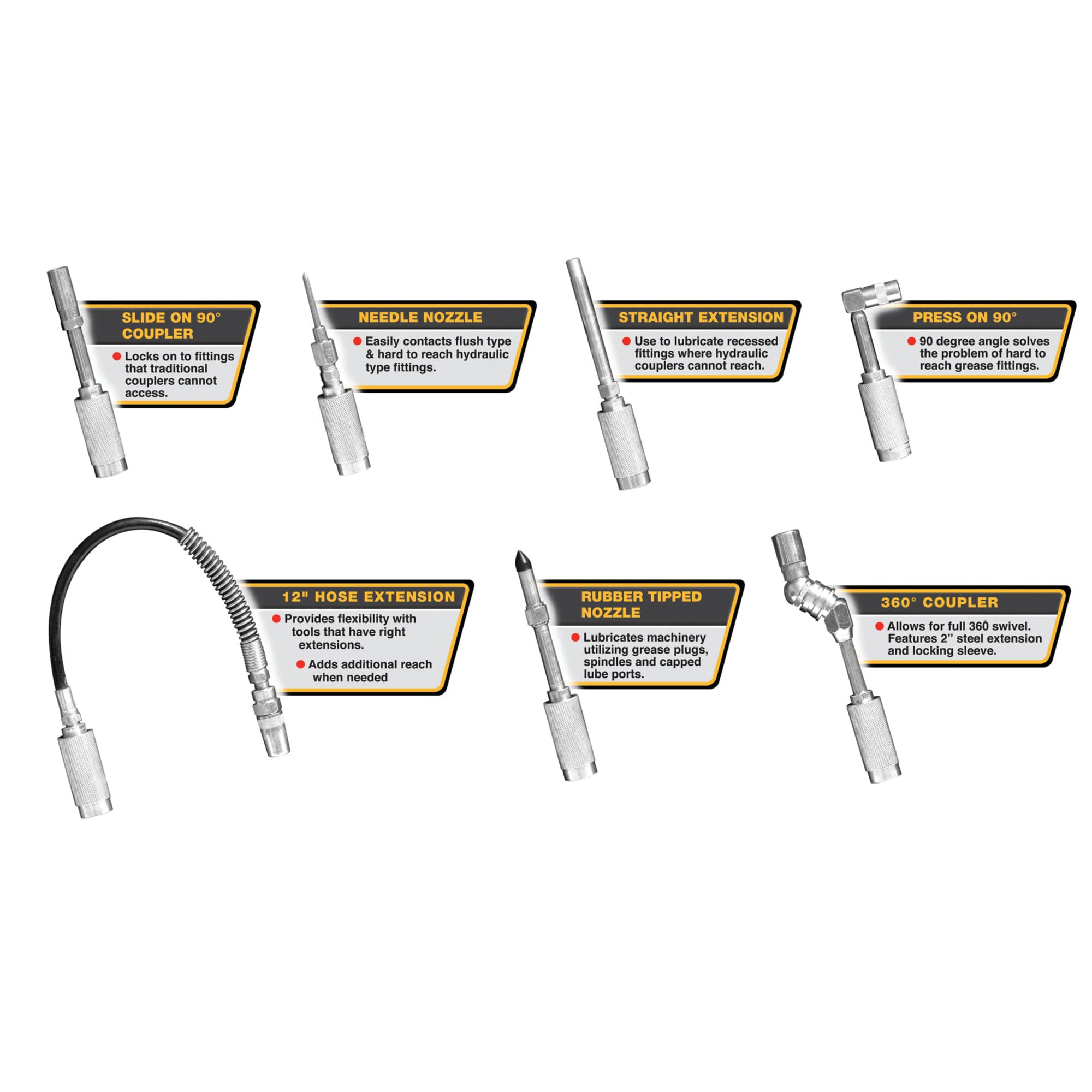 Performance Tool Cordless Grease Gun Accessories Kit, 7-Piece, Metal, Silver, Model W50049
