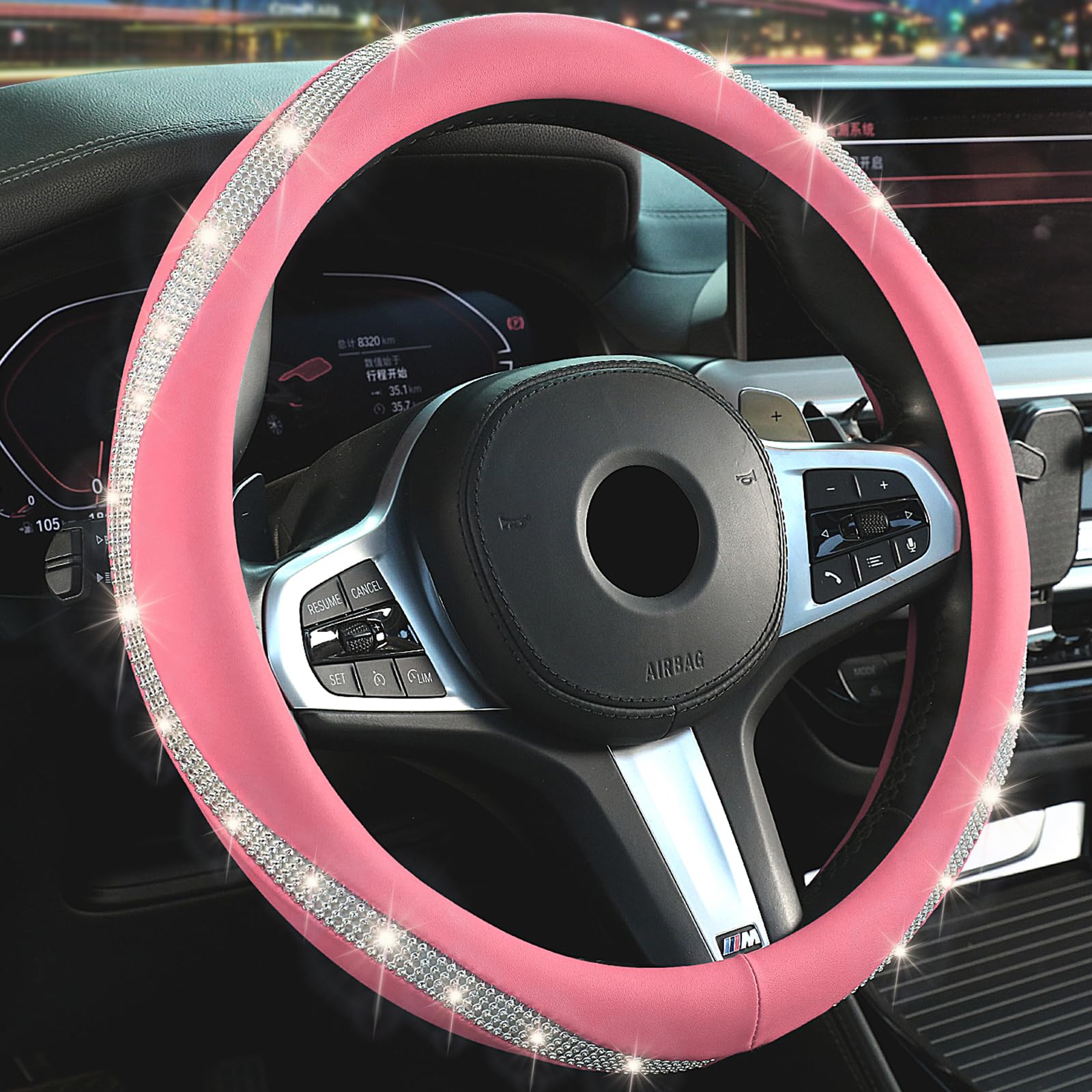 New Diamond Leather Steering Wheel Cover with Bling Crystal Rhinestone, Delicate and Anti-Slip Sparkly ,Adaptable to 14.5-15 inc