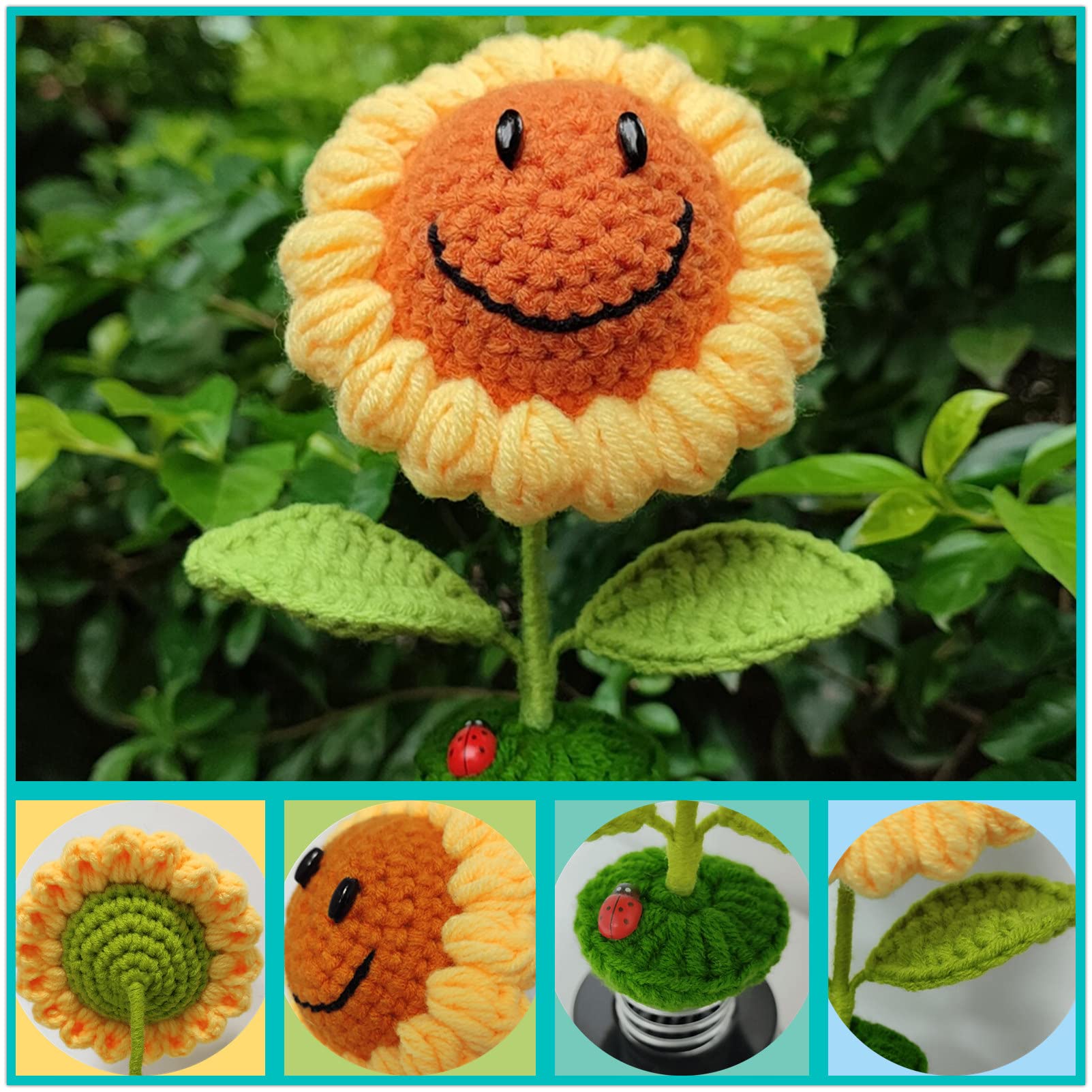 Levvohd Sunflower Car Dashboard Decorations, Dashboard Bobbleheads Knitted Flowers For Women Car Ornament Accessories (Handmade