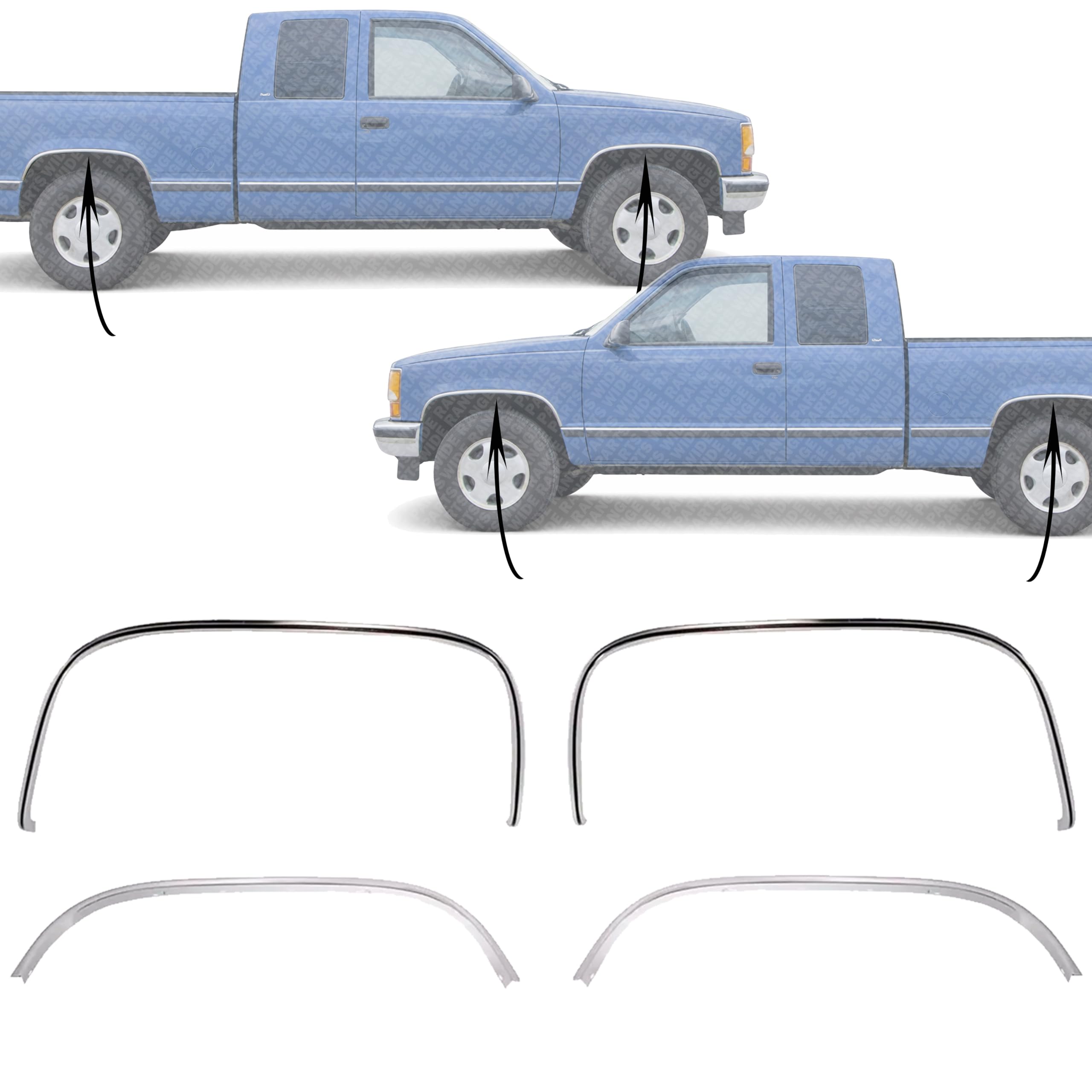 WIDE RANGE PARTS Set Of 4 Front Fender Molding Trim Chrome Right Passenger & Left Driver Side Direct Replacement Compatible With