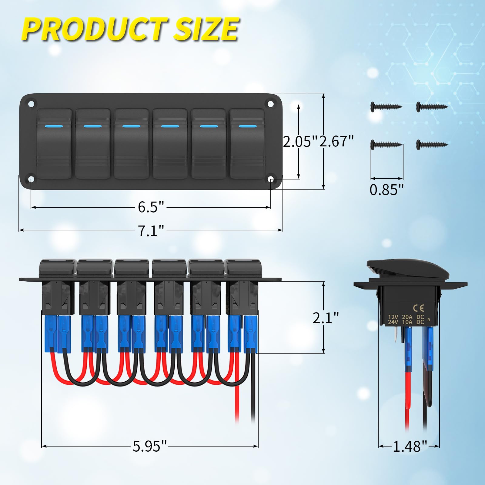 Joinfworld 6 Gang Rocker Switch Panel 12V Marine Boat Switch Panel Waterproof 12 Volt Blue Led Light Toggle Switch Panel On Off