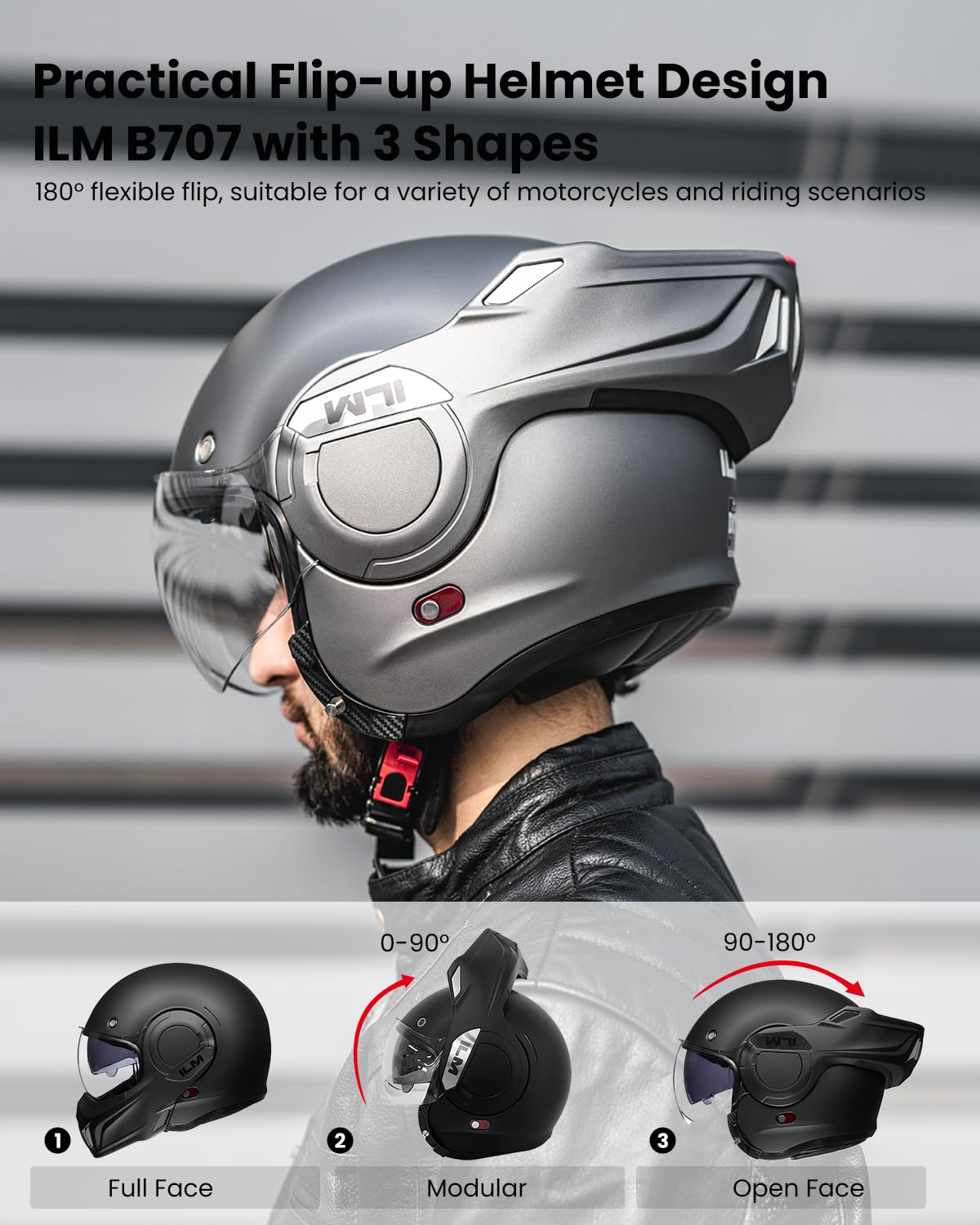 ILM Vintage Modular Motorcycle Helmet DOT B707, Matte Gray, XL, ABS, 180° Chin Guard for ATV/UTV/Snowmobile