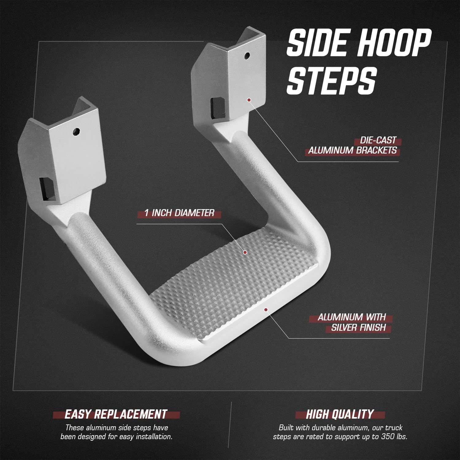 DNA MOTORING Aluminum Side Hoop Steps for Chevy GMC Dodge Pickup Trucks, 11"L x 6"H x 12"W, 2 Pcs, Silver, Model SSTEP-SS