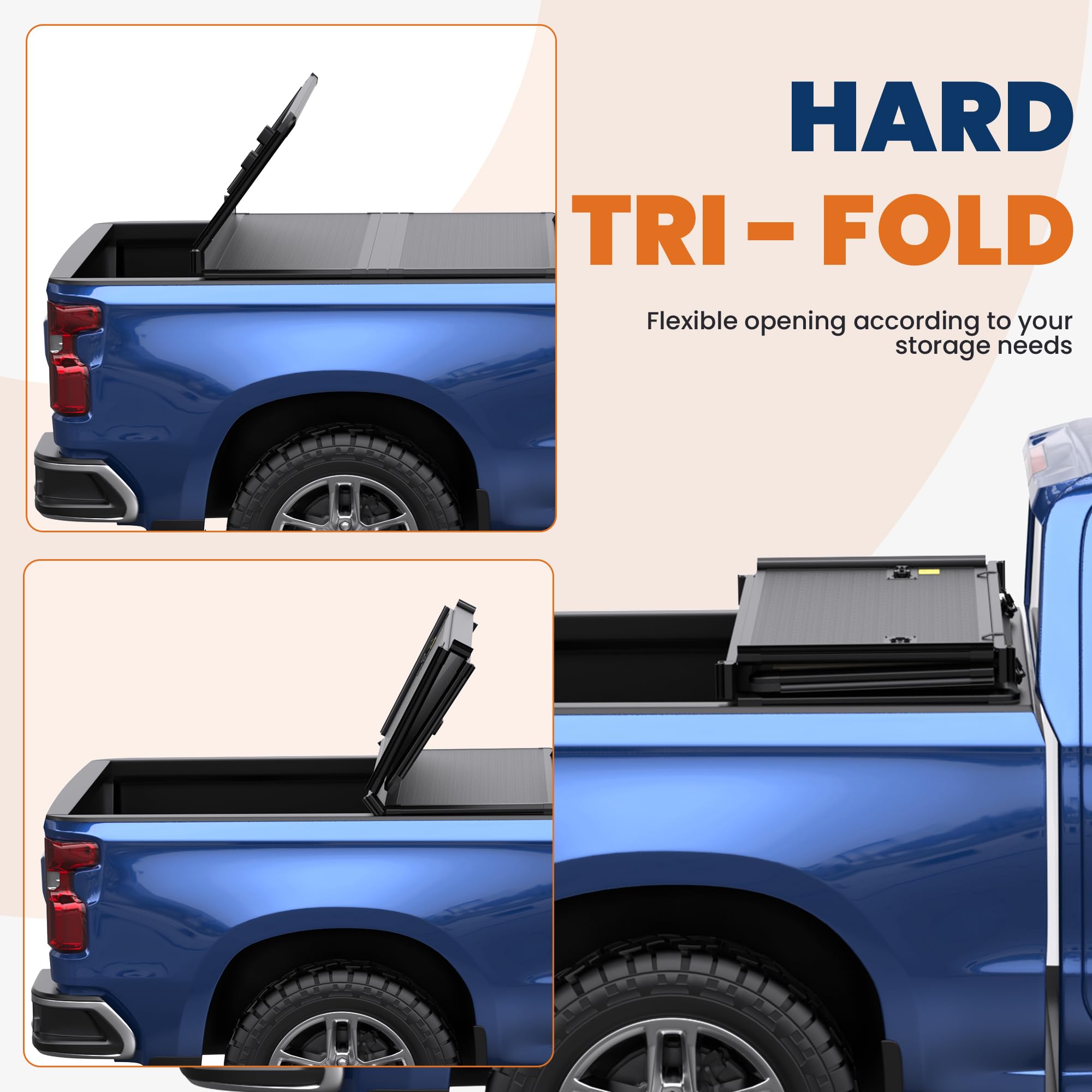KUIPERAUTO Fiberglass Tri Hard Truck Bed Tonneau Cover Fleetside Compatible for 2014-2025 Chevy Silverado GMC Sierra 1500/2015-2