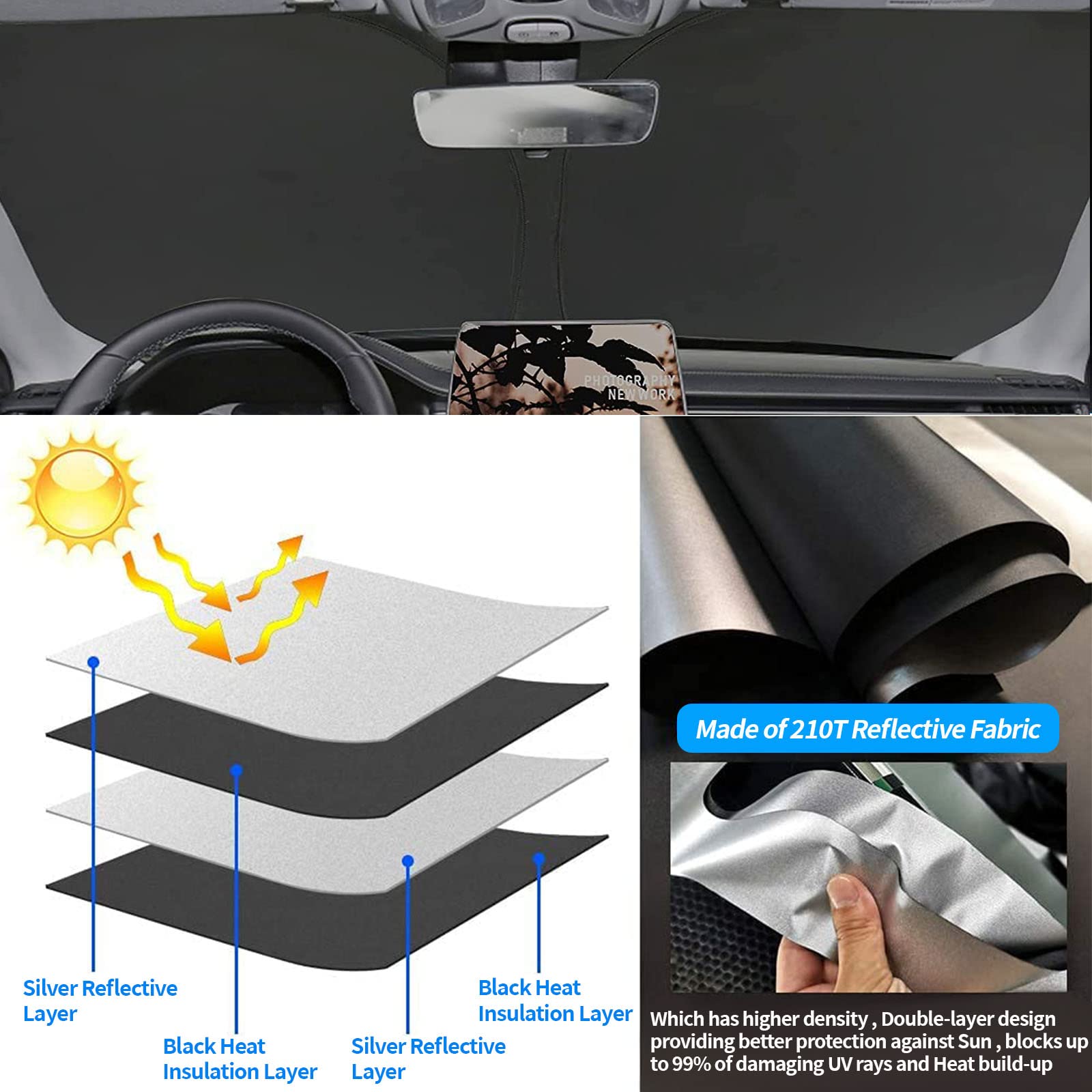 Moricere Windshield Sun Shade for Chevrolet Camaro 2016-2024, Foldable UV Blocker, Black 5, Polyester Material