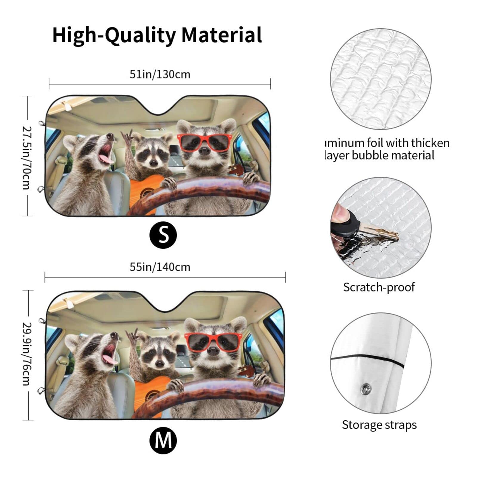 Begarm Three Funny Raccoons Animals Windshield Sun Shade For Car Suv Truck(51'' X 27.5'') Front Window Sun Shade Visor Shield Cover (Upgrade Hardened)