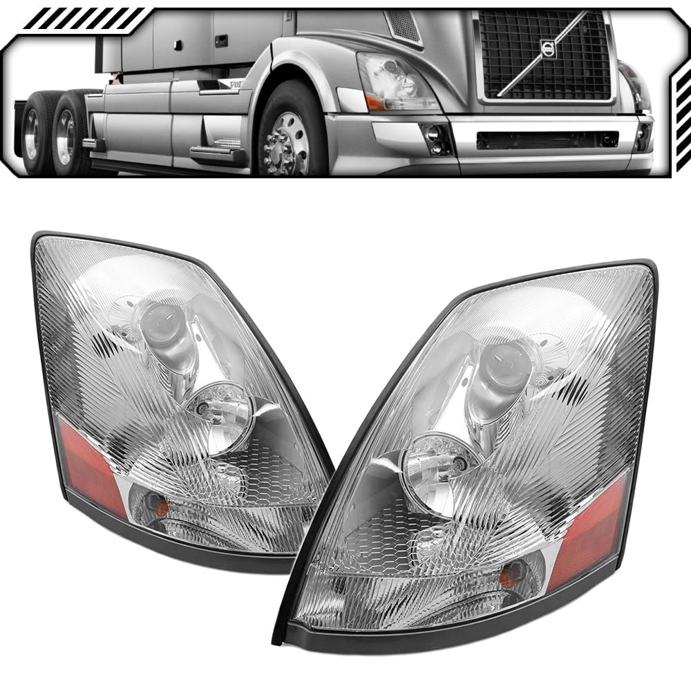 EPIC LIGHTING AMXOE Replacement Chrome Bezel Headlights Assembly Compatible with Volvo Semi Truck Heavy Duty 2004-2018 VNL 04-18