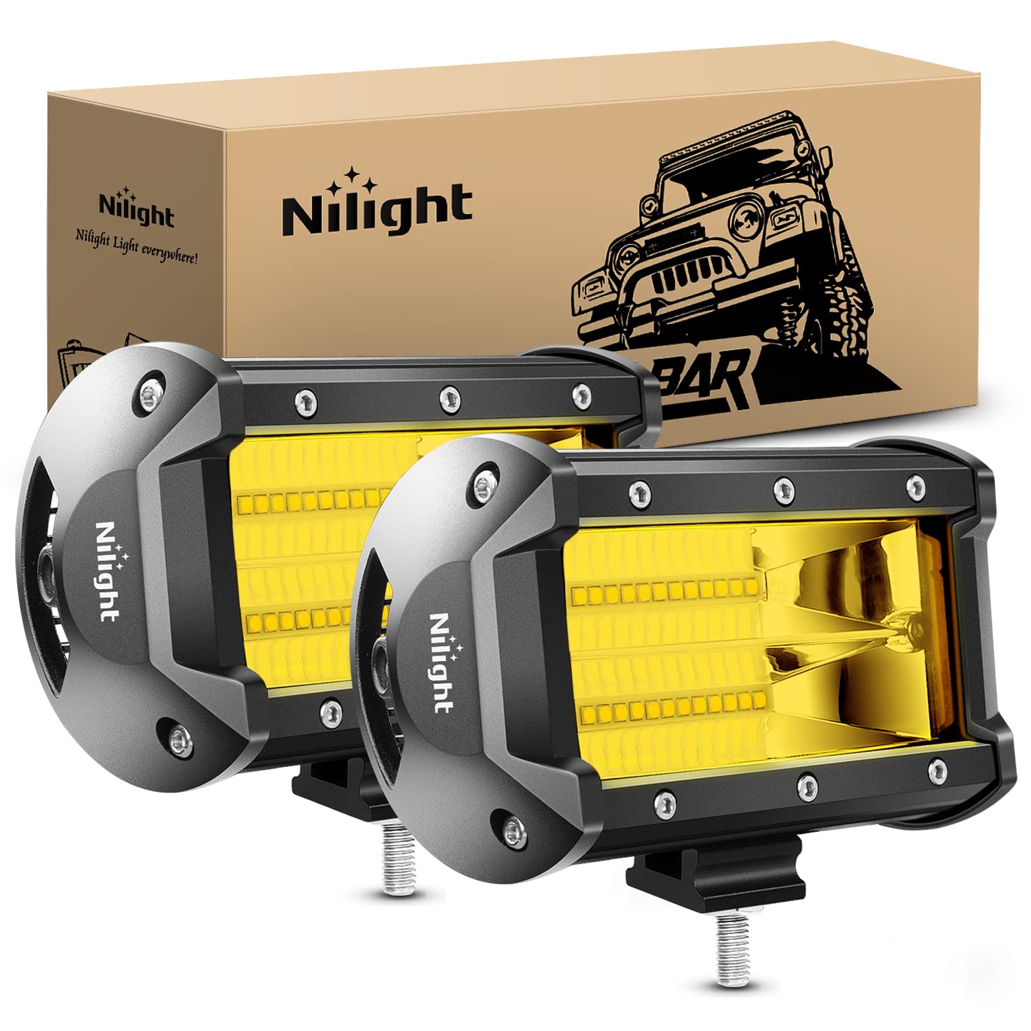 Nilight 18030C-A Amber 2Pcs 5Inch 72W Double Row Flood Bar 10800Lumens Driving Fog Led Off Road Lights For Trucks Jeep Atv Utv S
