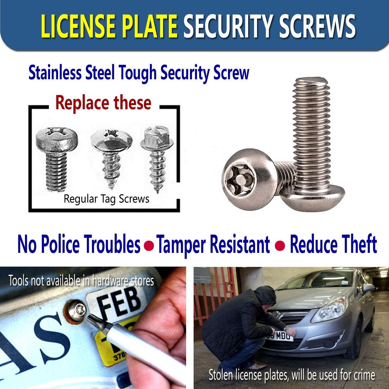 Zxfoog License Plate Screws Anti Theft- 8 Pc Button Head Torx M6 3/4 Stainless Steel Tamper Proof Machine Car Tag Bolt For License Plate Frame Holder Cover, Security Fastener Hardware And Black Caps