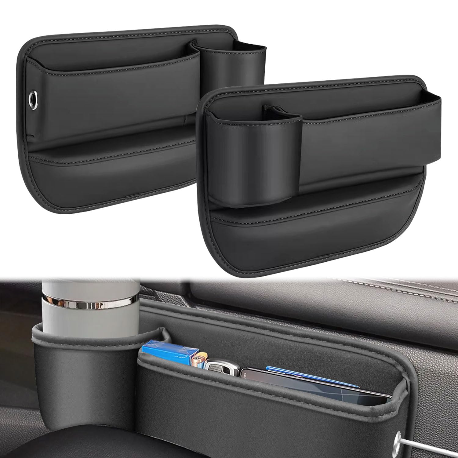 JINRUITOP Car Seat Gap Filler Organizer with Cup Holder, 2 Pack Adjustable Leather Car Side Seat Storage Box, Multifunction Inte