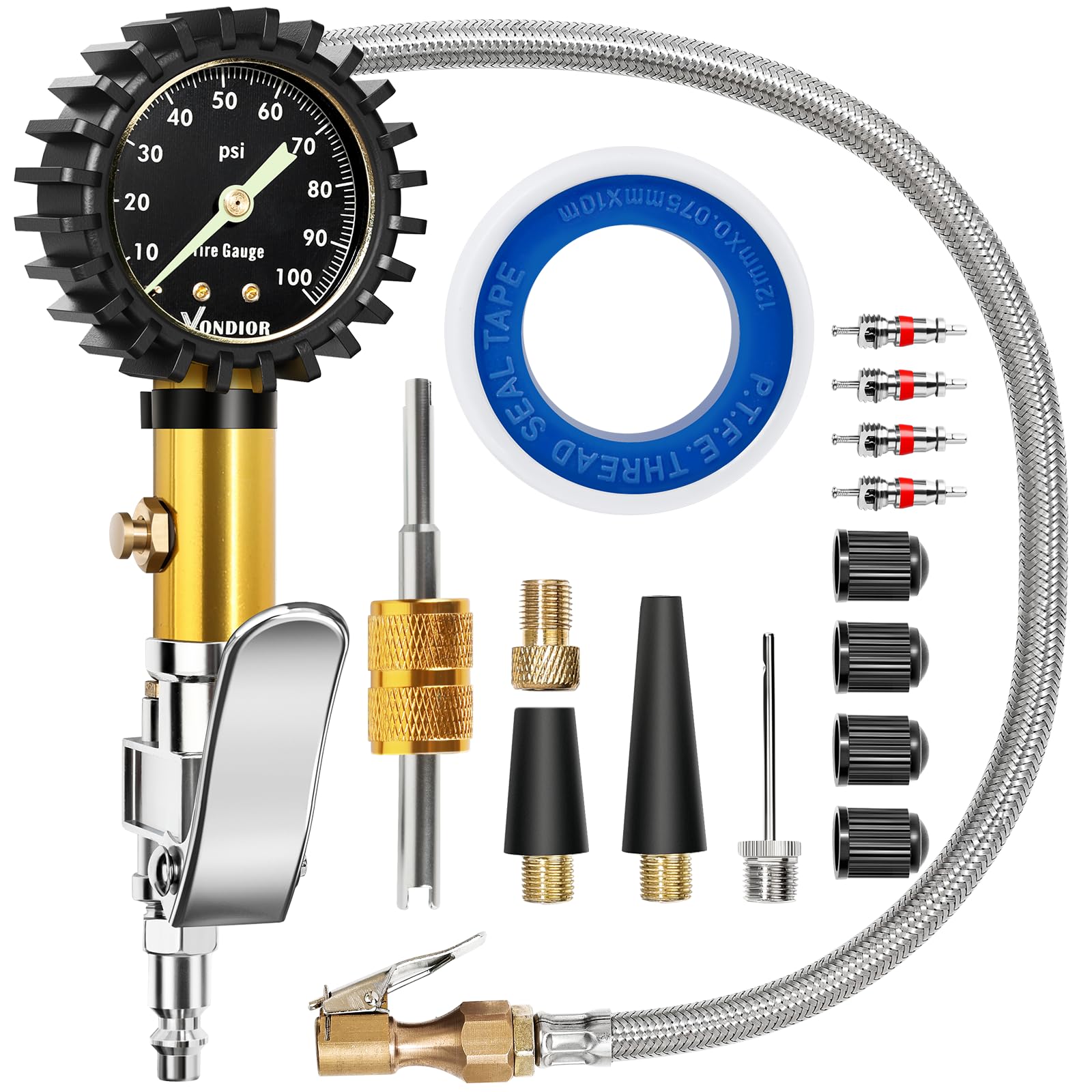 Vondior Tire Inflator With Pressure Gauge(0-100 Psi) - Ansi B40.1 Accurate, Large 2'' Glow Dial, Premium Braided Hose, Durable R