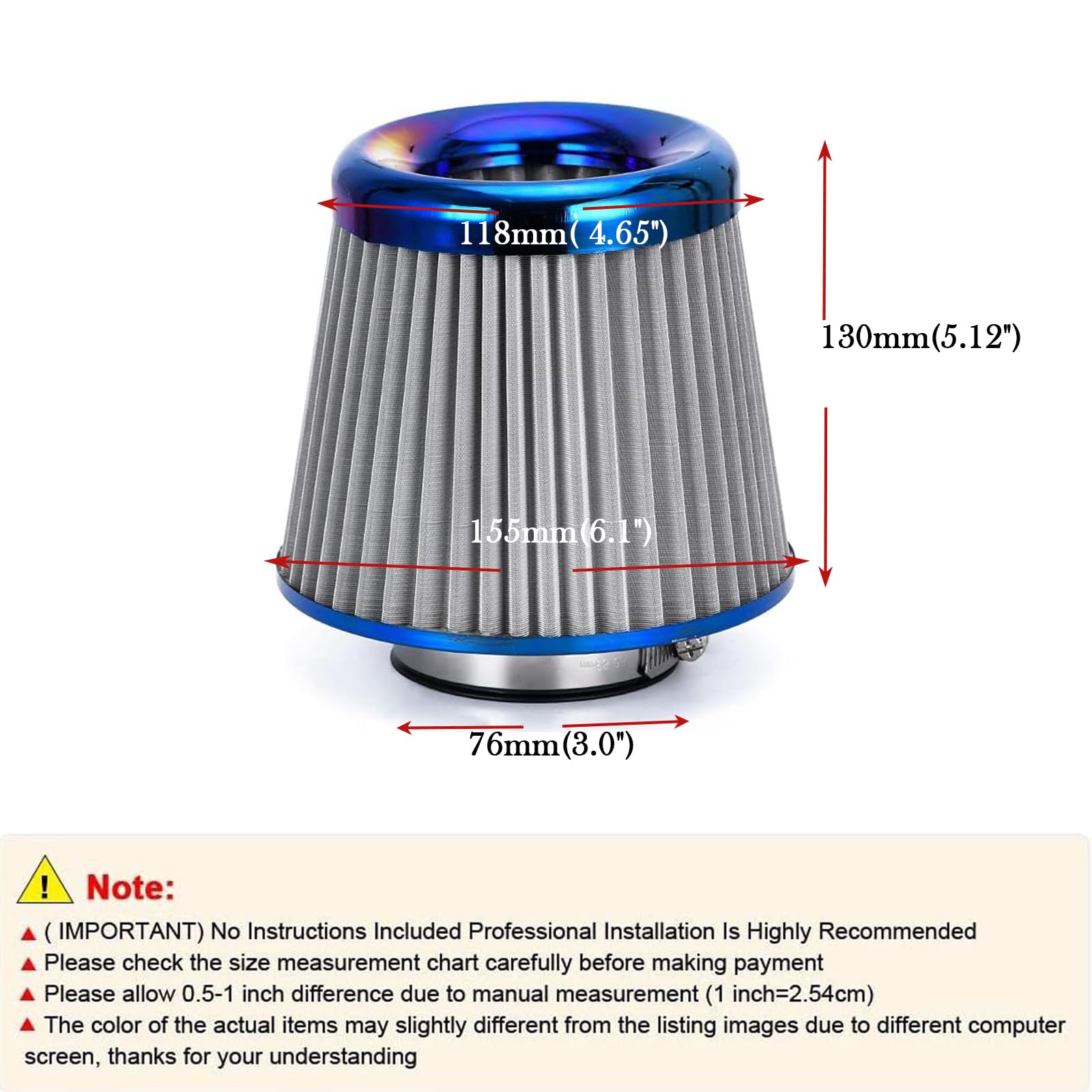 Cold Air Intake Filter, High Performance, Washable Filter, Clamp-On Replacement Air Filter, Flange Diameter 3Inch/76Mm Gray
