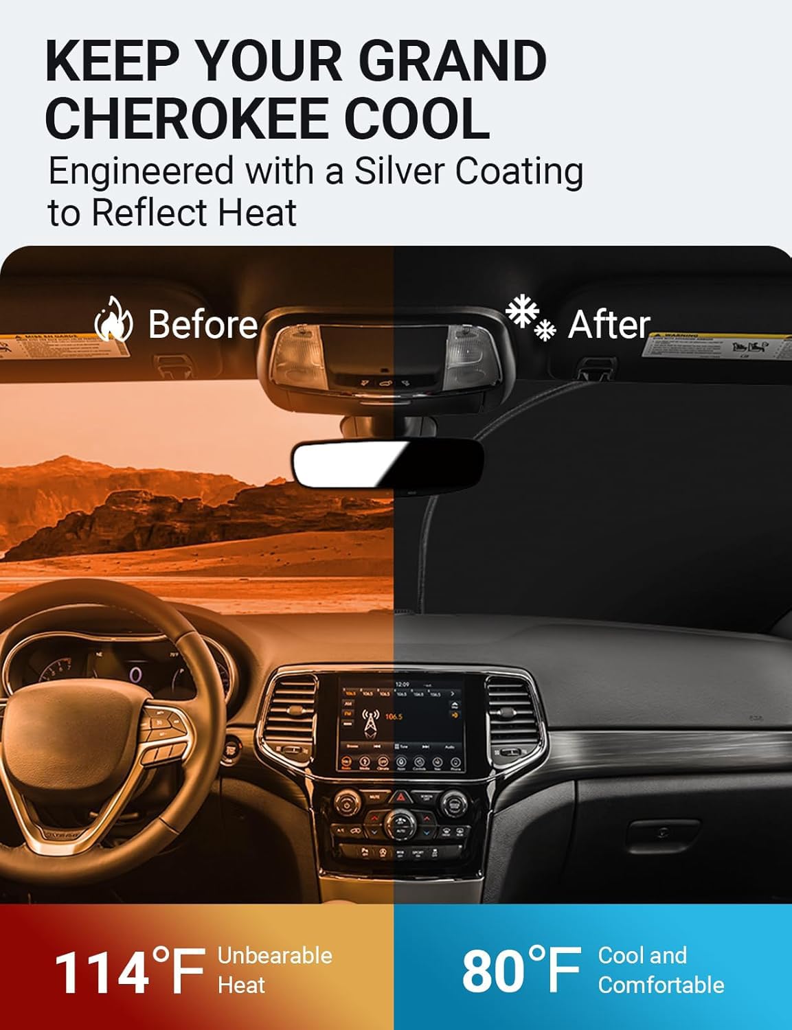 Proadsy 2025 Upgrade Windshield Sunshade Custom For Jeep Grand Cherokee 2014-2024 2025 Block Sun & Uv Foldable 4-Layer Front Win