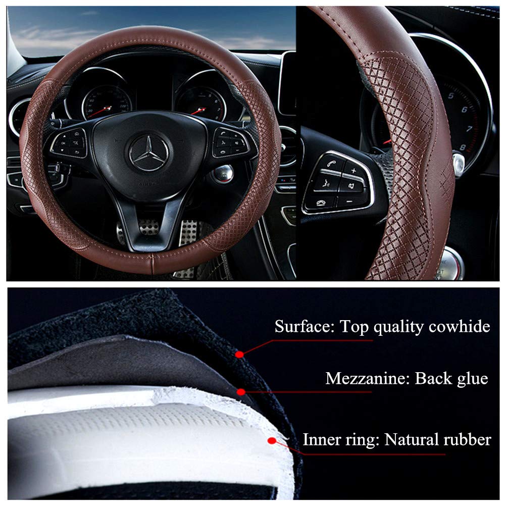 Red Rain Leather Steering Wheel Cover, Universal 15.5inch, Brown Cowhide, Size L