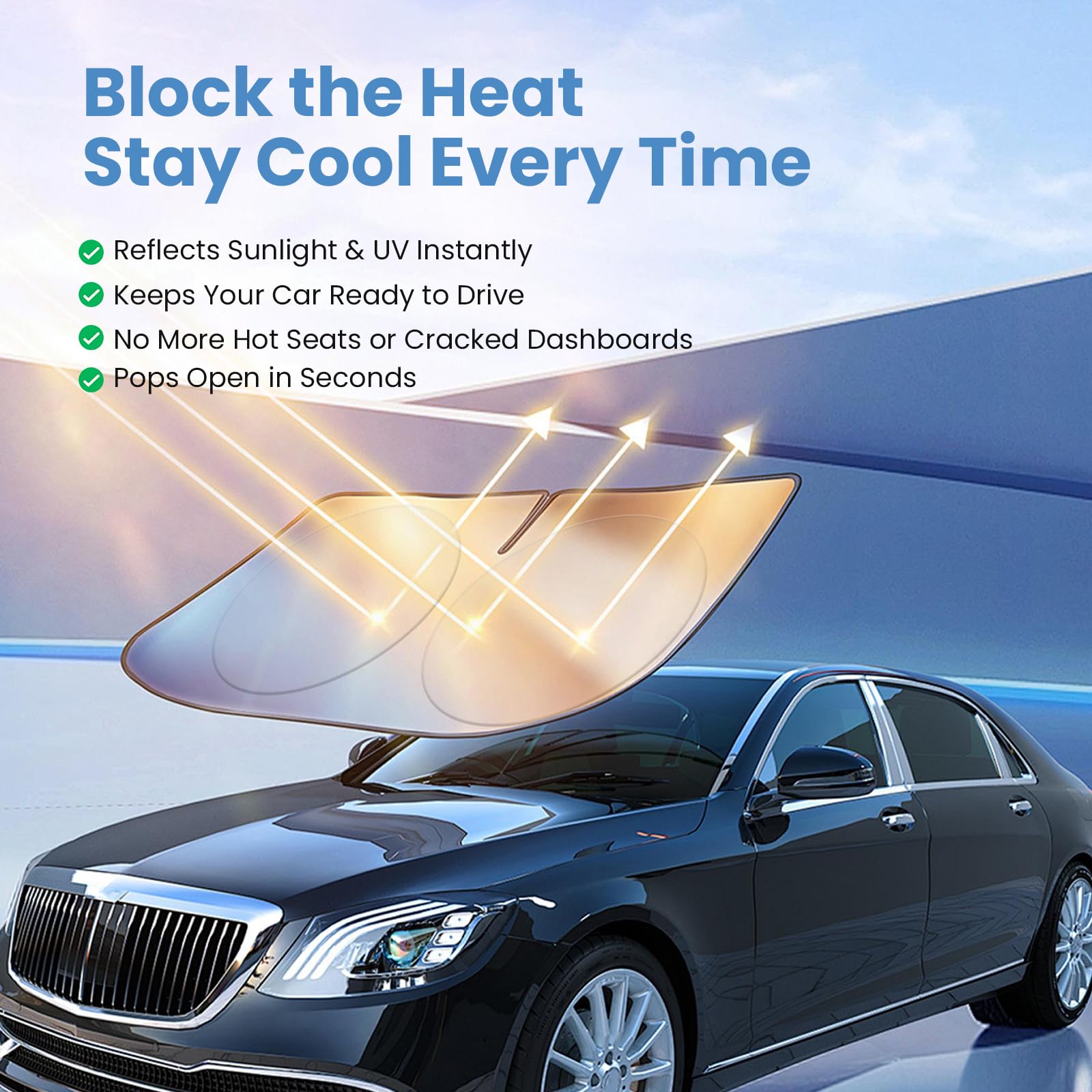 Autopect Car Windshield Sun Shade, Foldable Sun Blocker For Truck, Suv Automotive Interior Sun Protection, Reflective Car Shade For Front Windshield With Mirror Cut-Out Keeps Car Cool (Large)