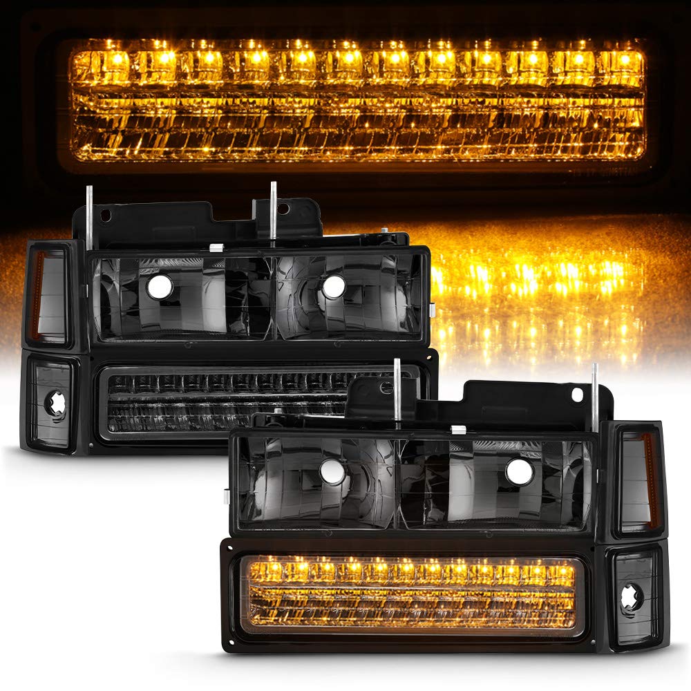 AKKON - For 1994-1998Chevy C/K Series Silverado Suburban Tahoe Pickup Truck Smoked Lens Headlight + LED Bumper + Corner Lamp Set