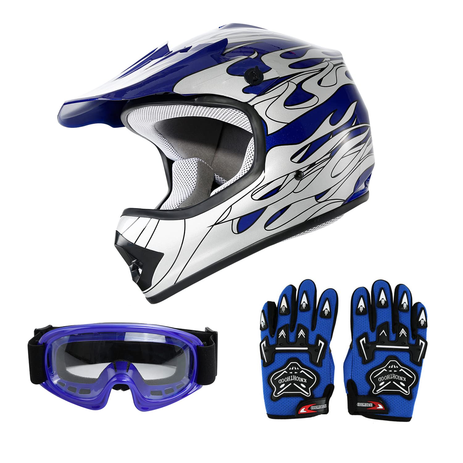 Slmoto Dot Youth Kids Helmet Motocross Offroad Street Helmet Motorcycle Helmet Dirt Bike Motocross Atv Blue Flame Design Helmet+