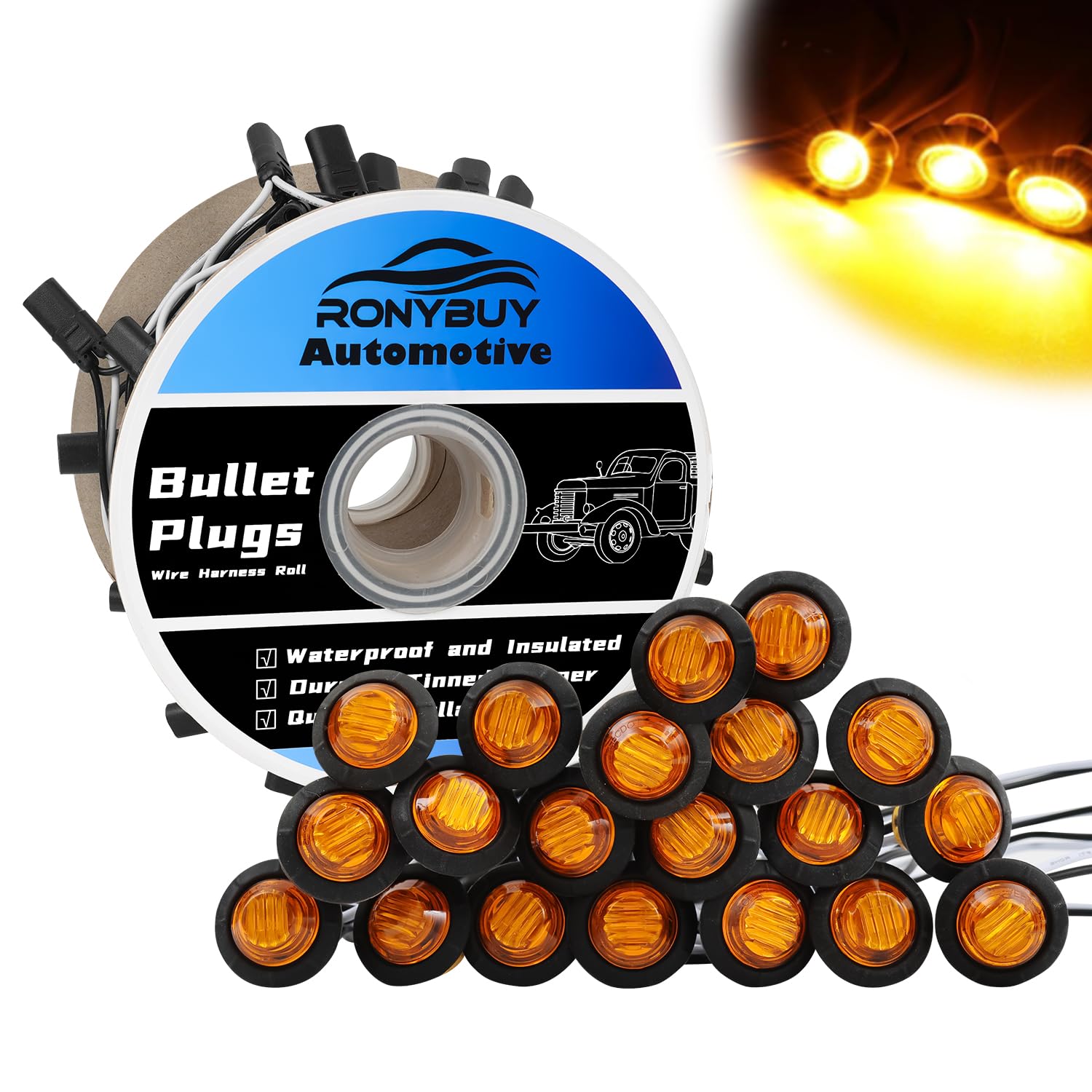 Ronybuy 20 Pcs 3/4 Amber LED Marker Lights with Connector Plug + Double Female 2 Prong Wire Harness Roll, Clearance Lights LED S