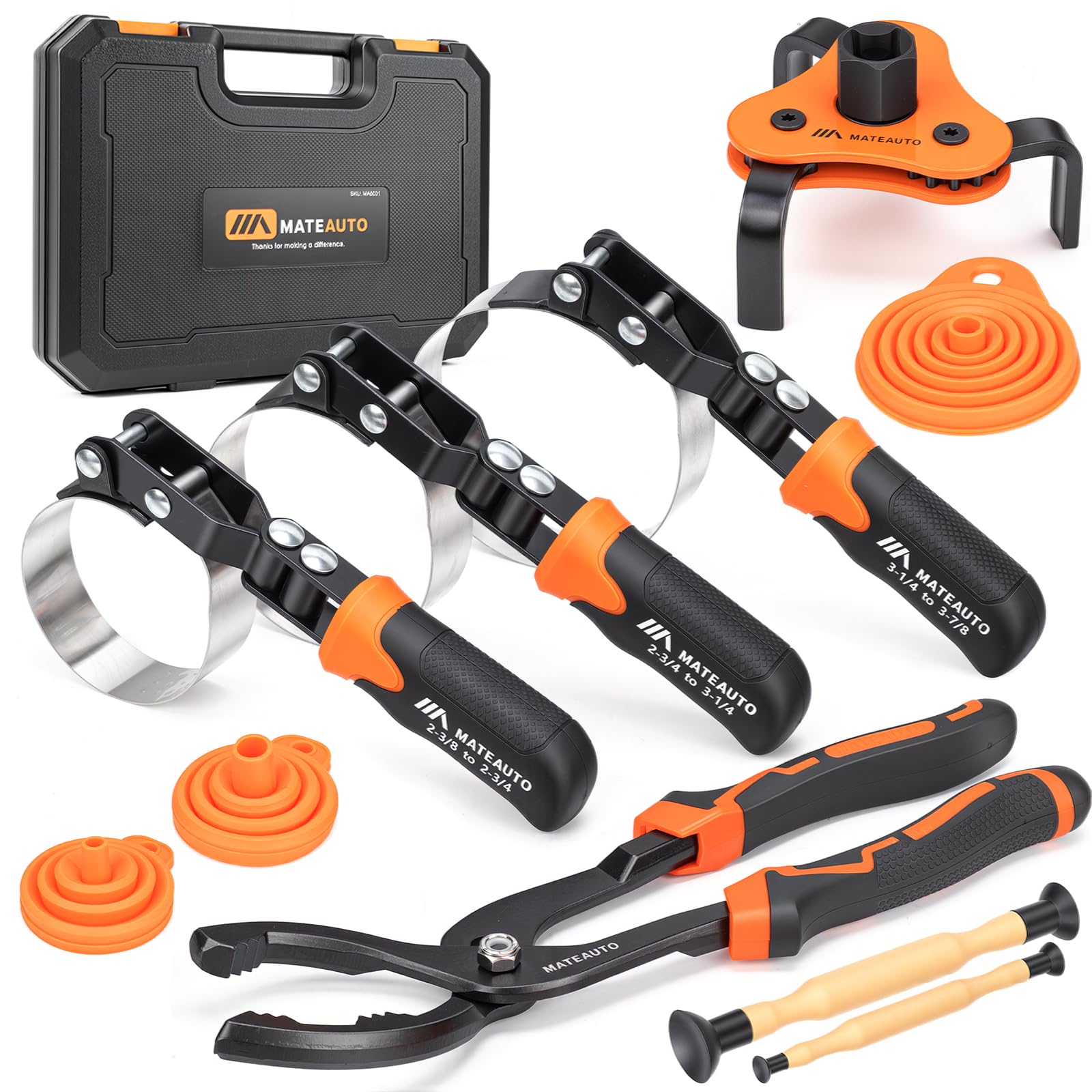 MateAuto 11-Piece Oil Filter Wrench Set with Storage Case - 12 Adjustable Oil Filter Pliers, 3-Jaw Removal Tool, and Swivel Wren