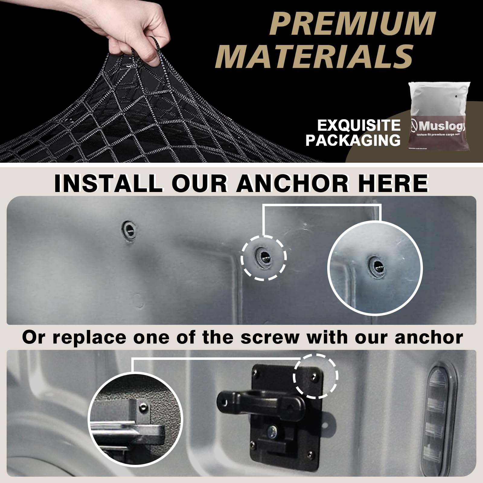 Muslogy Truck Bed Cargo Net for Ford F-150 & Lightning 2015-2026, Black, Envelope Style with Heavy Duty Carabiners, Model MUS-CARGO NET-3-1