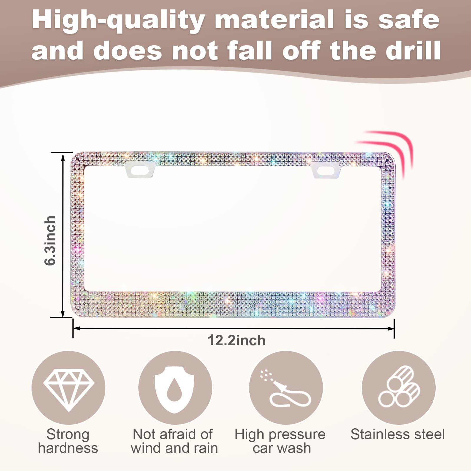 Quanqiufei 2 Pack Bling License Plate Frames For Women, Sparkly Rhinestone Diamond Car Accessories For Women, Handcrafted Stainless Steel Car License Plate Cover With Glitter Crystal Caps (Colorful)