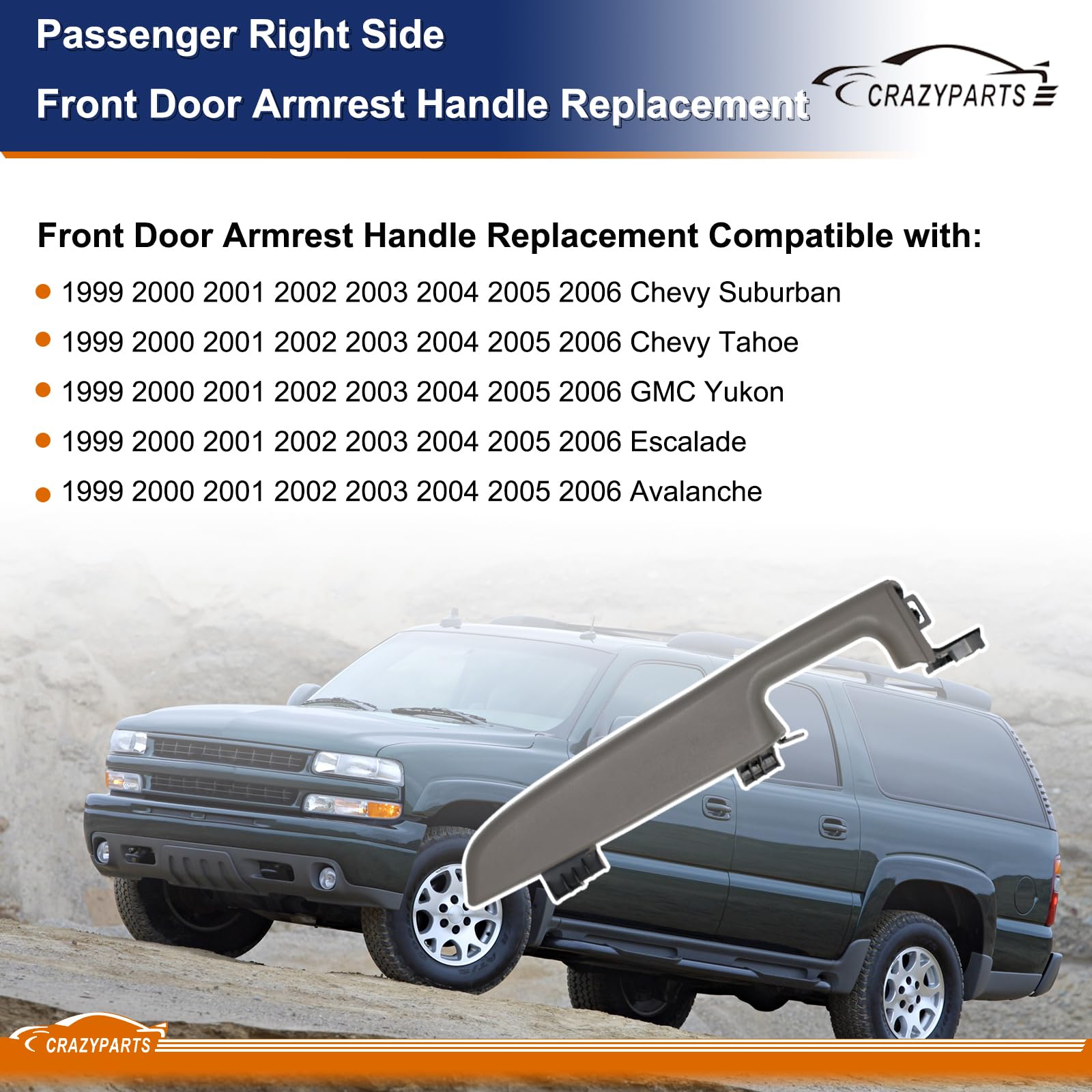 Crazyparts Right Passenger Side Front Door Armrest Handle Replacement Compatible With 1999-06 Chevy Suburban/Tahoe, Gmc Yukon/Av