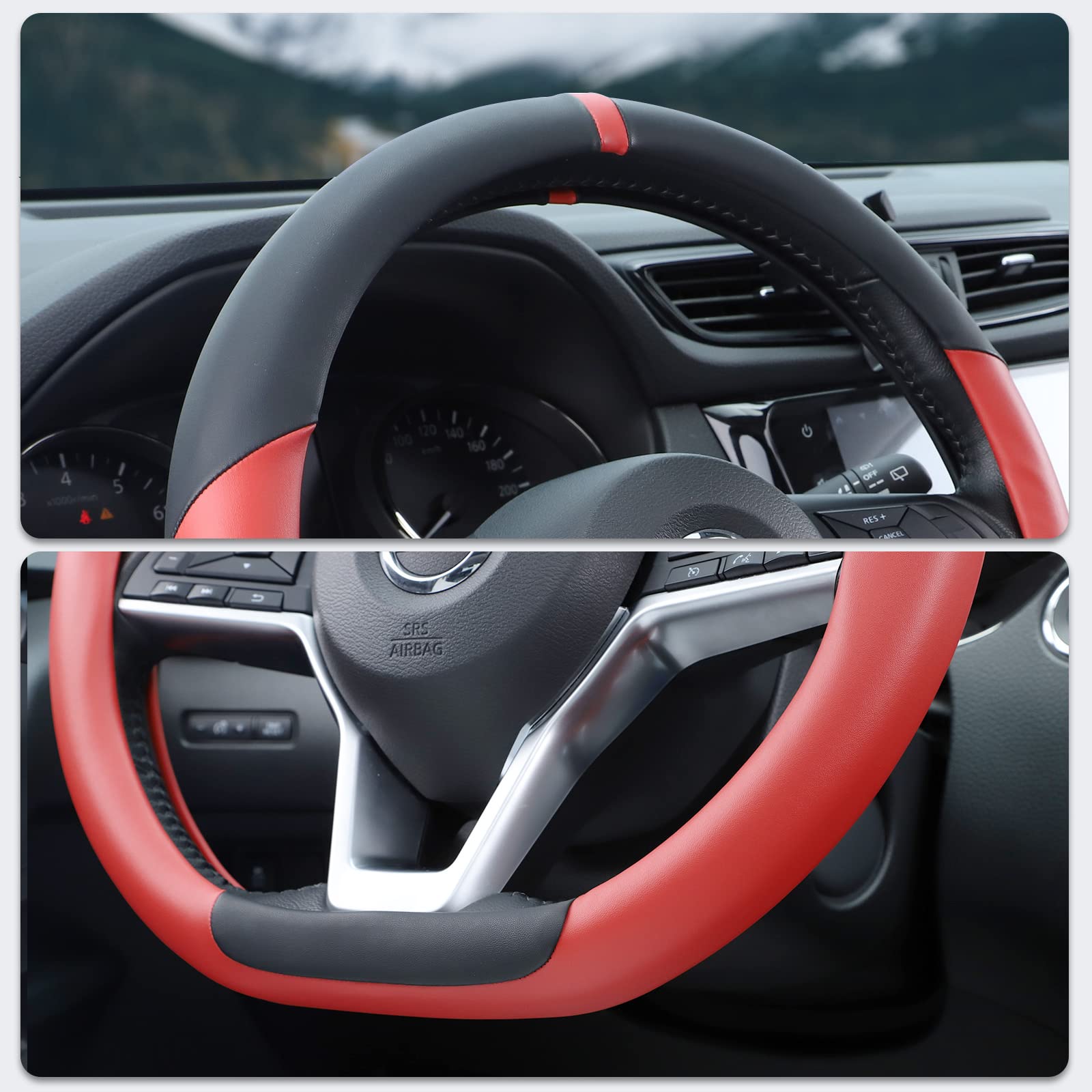 SEG Direct D Shaped Steering Wheel Cover, 14.5-15 in, Black Red Microfiber Leather, Model AU15BONSWC3359