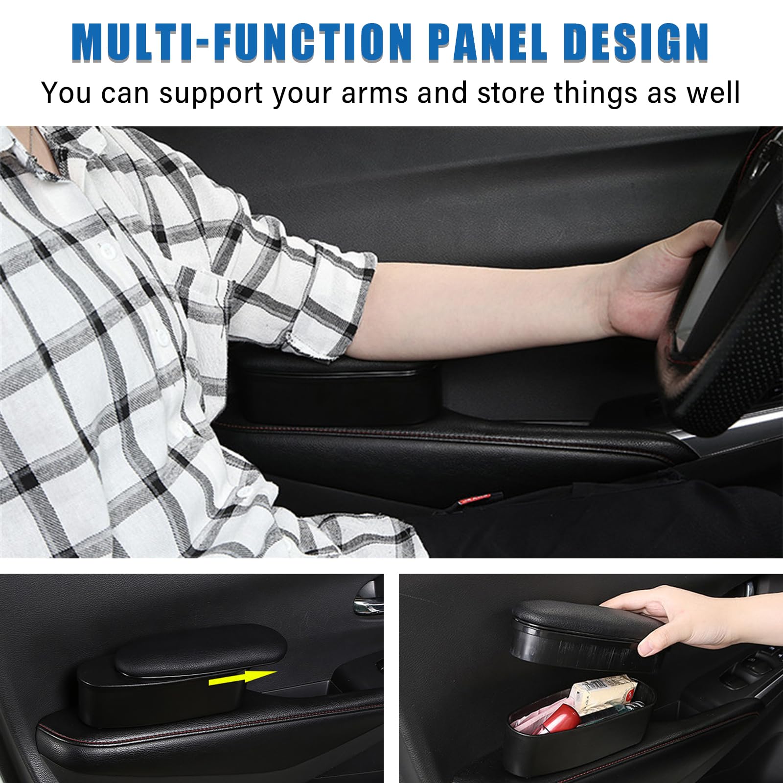 Ziciner Car Armrest Support Cover, Universal Leather Car Side Door Armrest Pillow, Relieve Driver Arm Fatigue Storage Box Cushion Pad, Automotive Interior Accessories For Most Vehicles (Black)