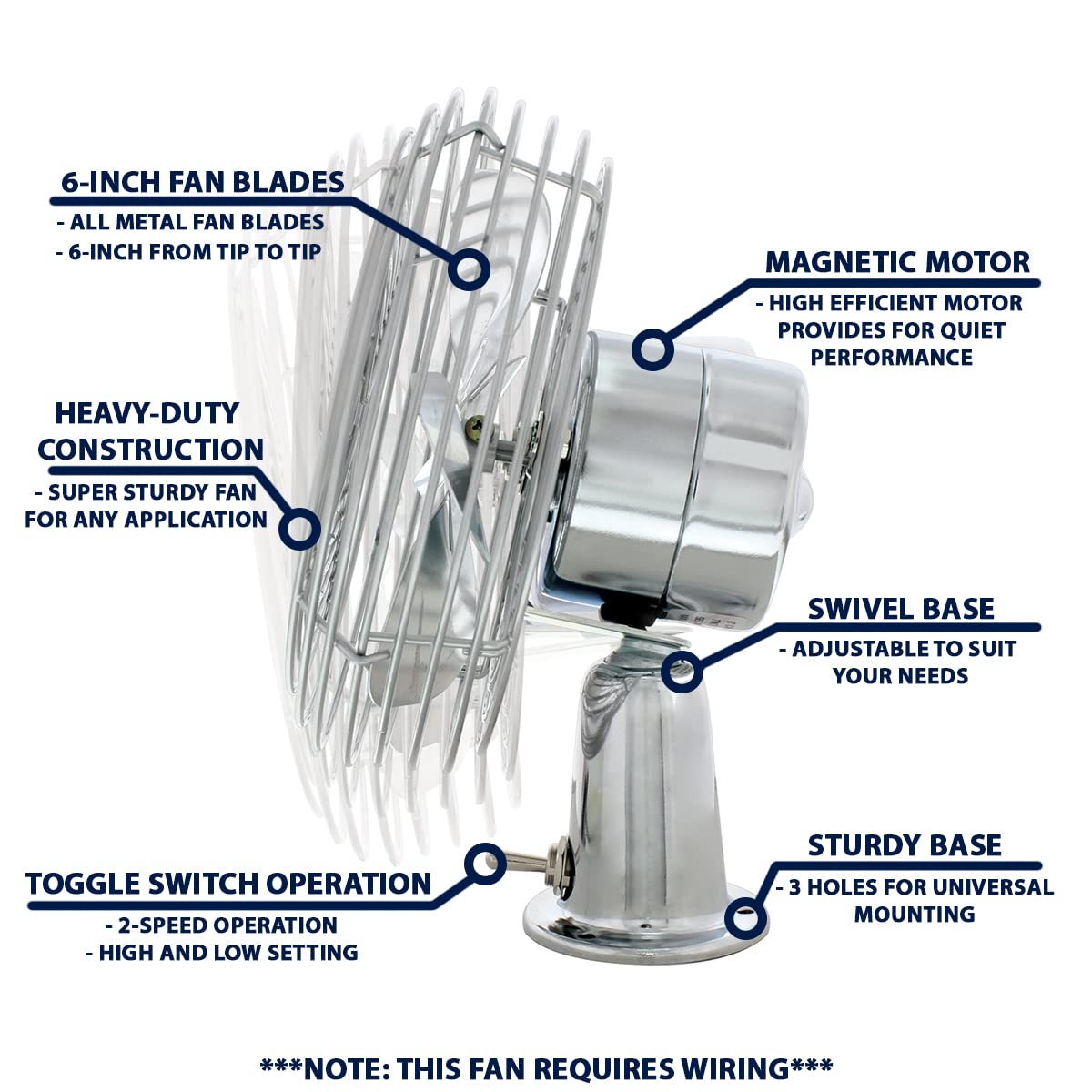 United Pacific 40848 Heavy-Duty Chrome 12V Car Fan W/6'' Fan Blade For Cars, Trucks, Rvs, & Vans, All Metal, 2-Speeds, Adjustabl