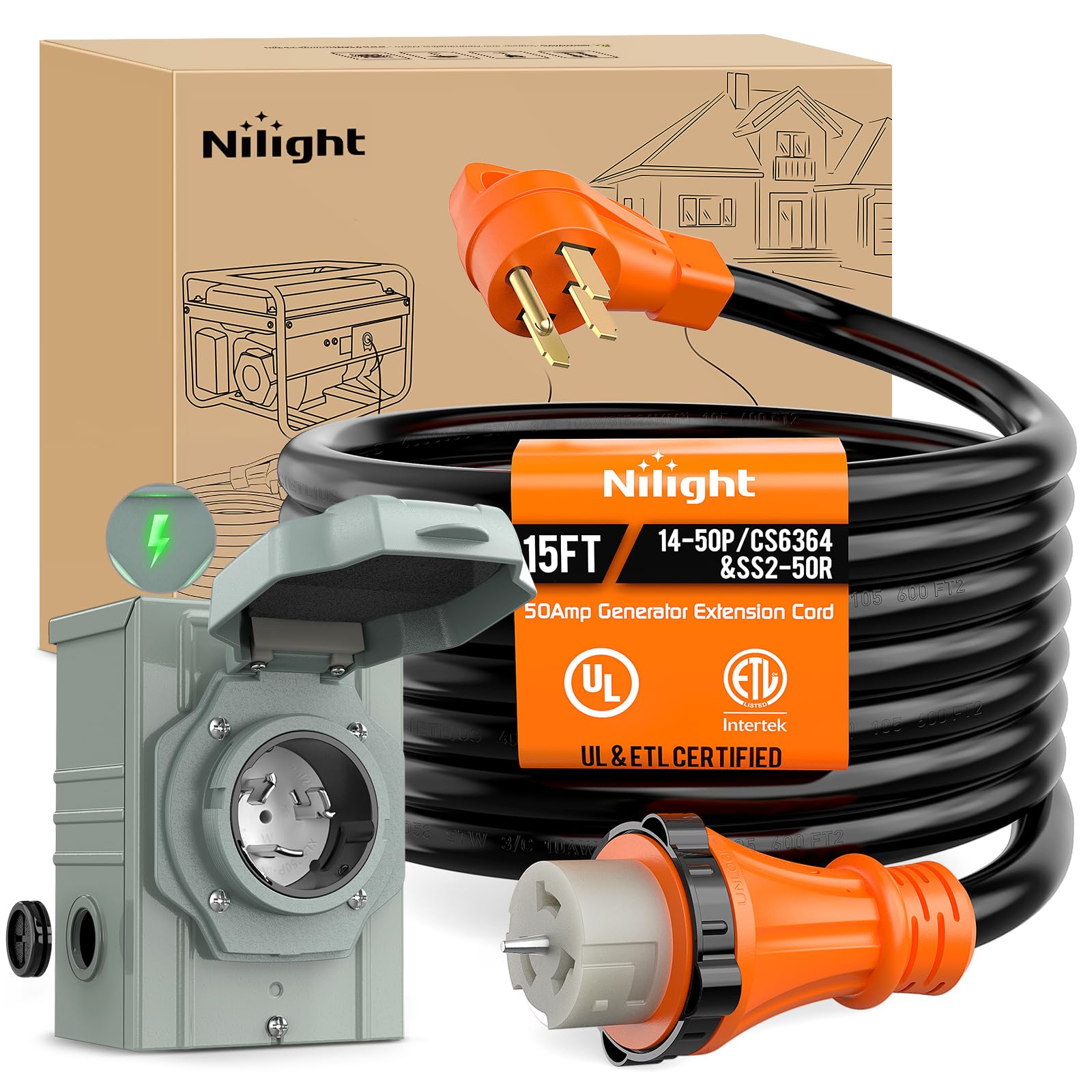 Nilight 50A 15Ft Generator Extension Cord And Power Inlet Box 125/250V Heavy Duty 6/3+8/1 Gauge Stw Etl Listed Nema 14-50P/Ss2-5