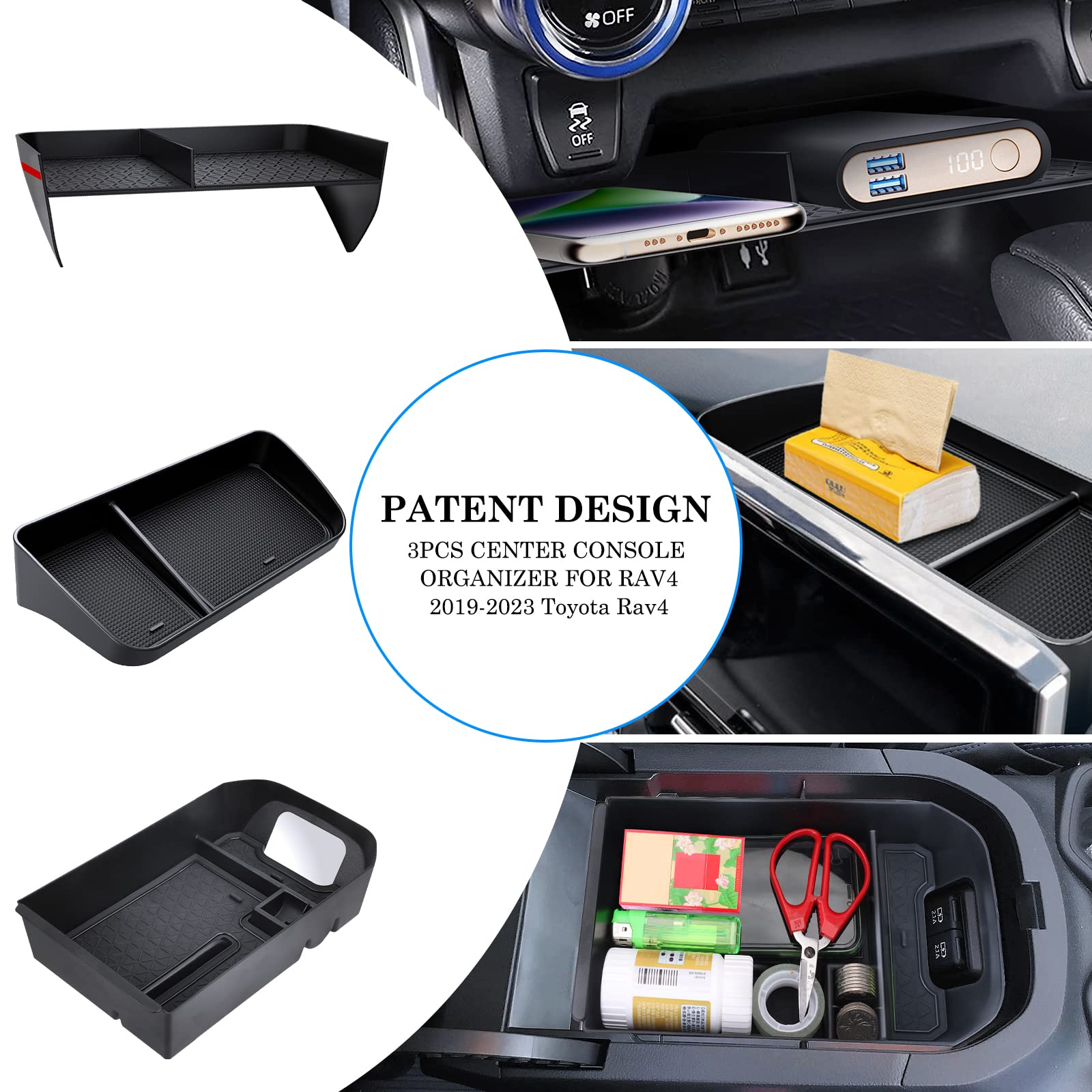 DIAMOOKY Center Console Organizer for Toyota RAV4 2019-2025, Armrest Storage Box, Acrylonitrile Butadiene Styrene, 3pcs