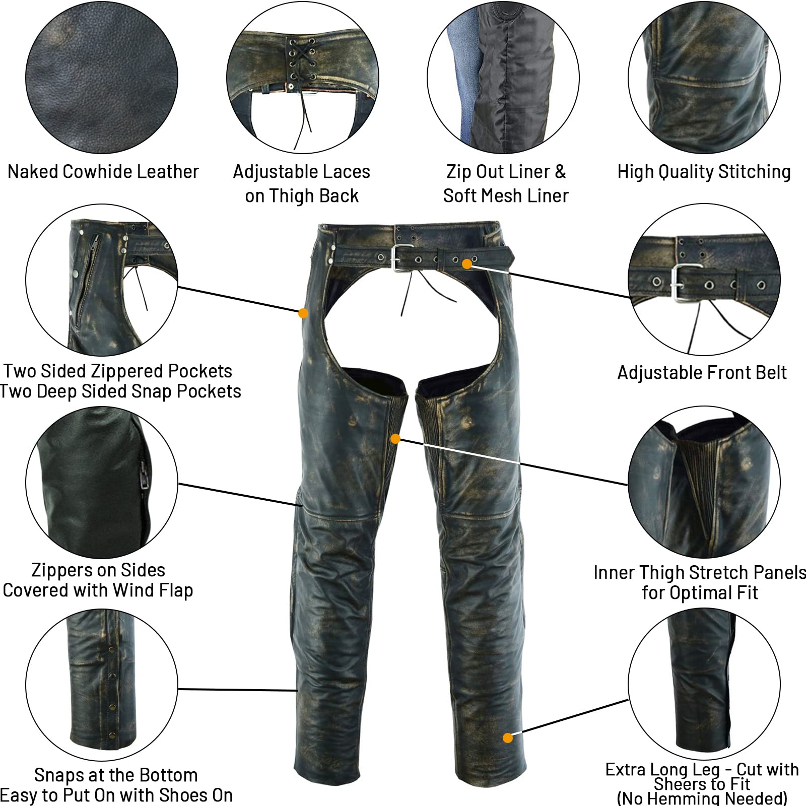 Dream Apparel Mens Motorcycle Riding Chaps, Large, Brown, Distressed Naked Cowhide Leather, Model DA-C4334-12N-L, 4 Pockets
