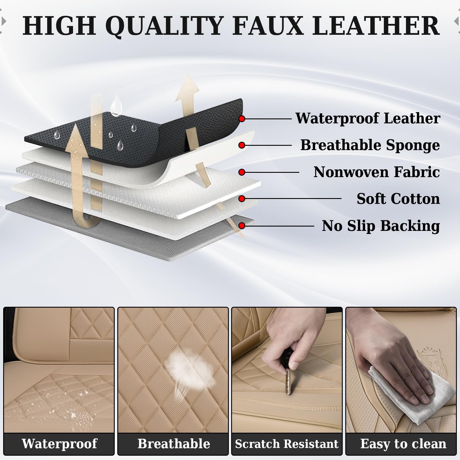 Coverado Front Seat Covers, Luxury Faux Leather Waterproof Seat Cover, Beige Car Seat Protector, Car Seat Cover Front Seats, Aut