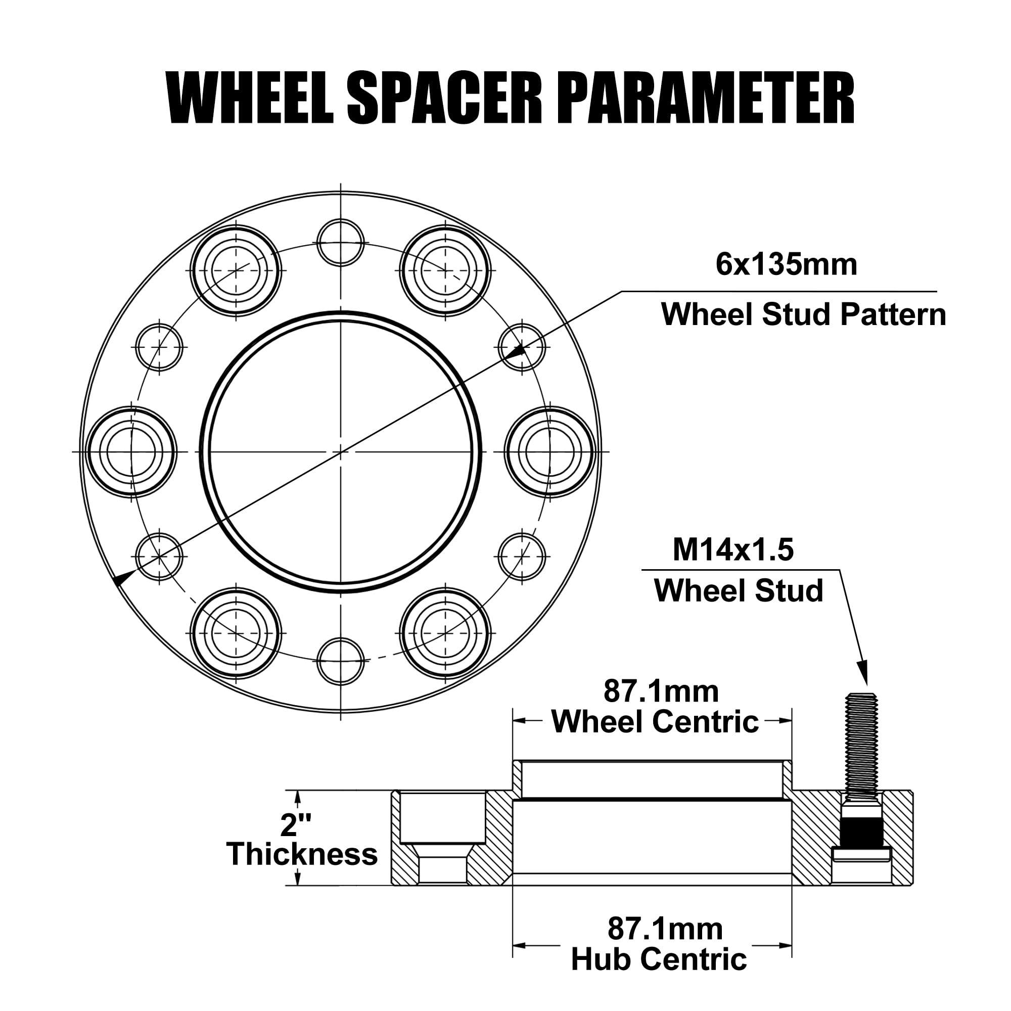Flycle 2'' 6X135 Wheel Spacer For 2015-2025 F150, 6 Lug 6X135Mm Wheel Spacers 14X1.5 Studs & 87.1 Mm Bore Compatible With F-150